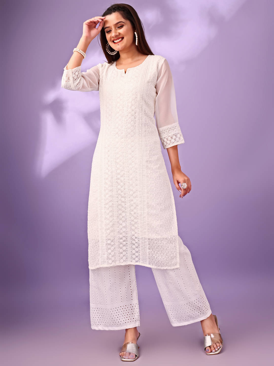     			gufrina Women Georgette Embroidered A-line Kurti With Palazzo ( White )