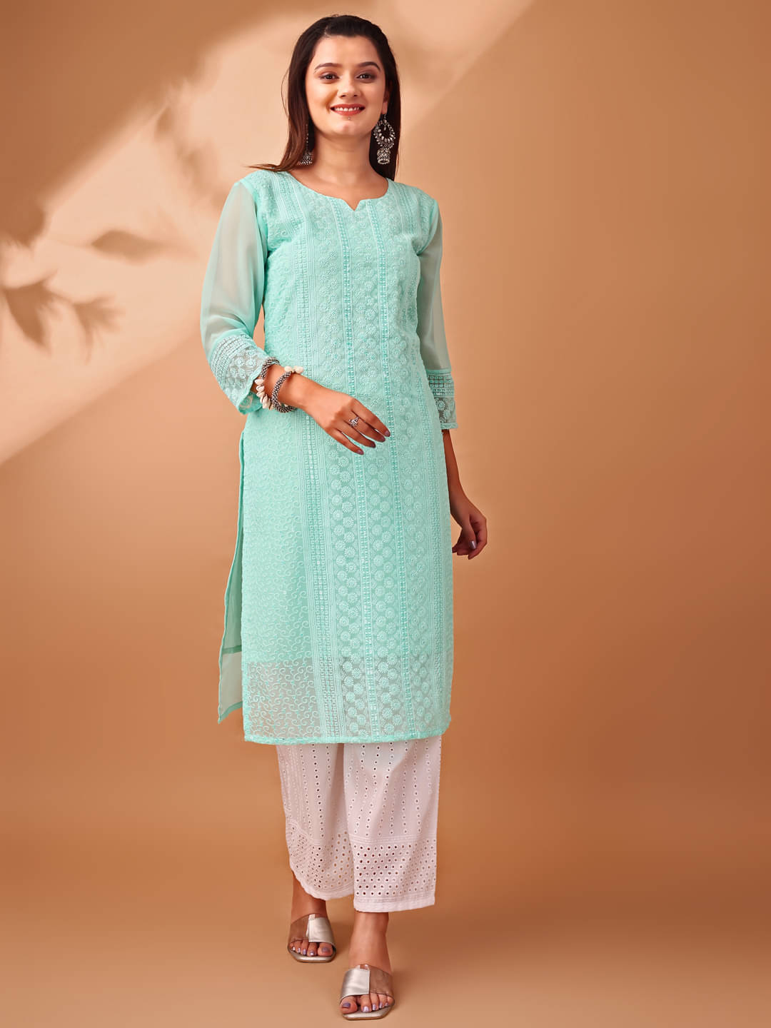     			gufrina Women Georgette Embroidered A-line Kurti With Palazzo ( Sea Green )
