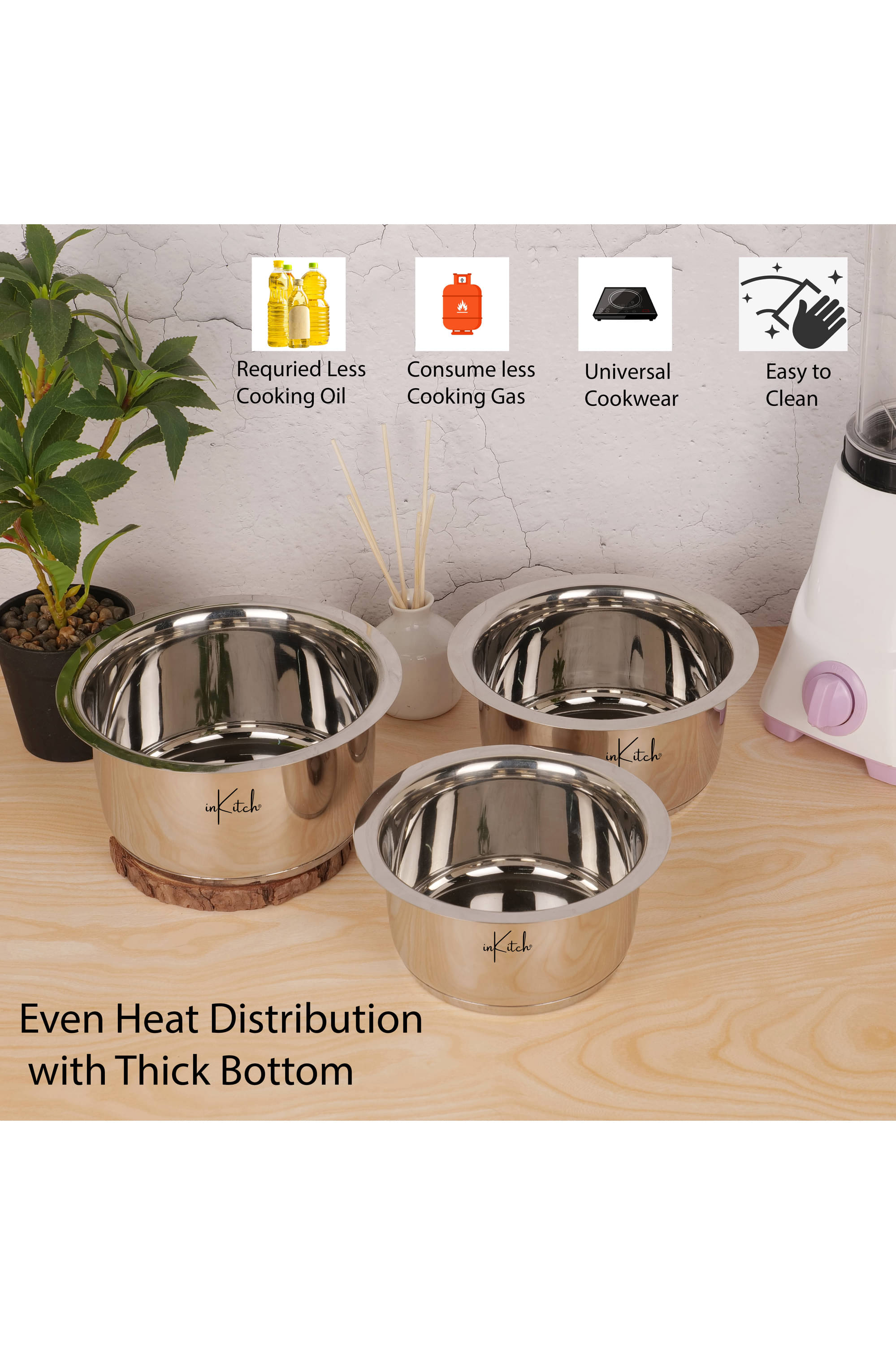     			inKitch Tope Set 3 Non Coated Stainless Steel Pot Induction Bottom without Lid 19 cm Diameter 5 Ltr
