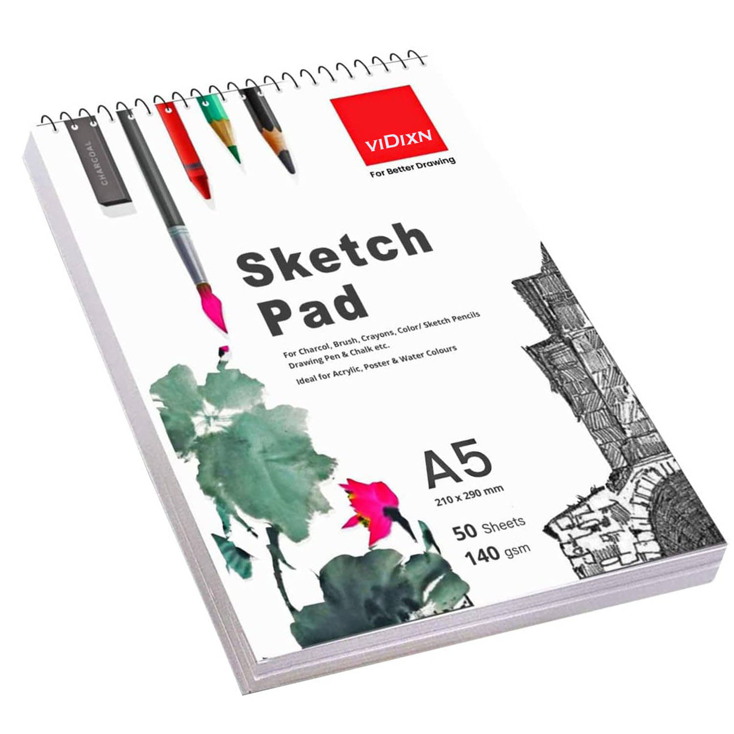     			viDixn (VDX-5) A5 SketchBook | 50 Sheet | 140GSM | Durable Acid Free Drawing Paper |Top Spiral-Bound Sketchpad for Artists Kids & Professionals for Marker Colored Pencil Charcoal