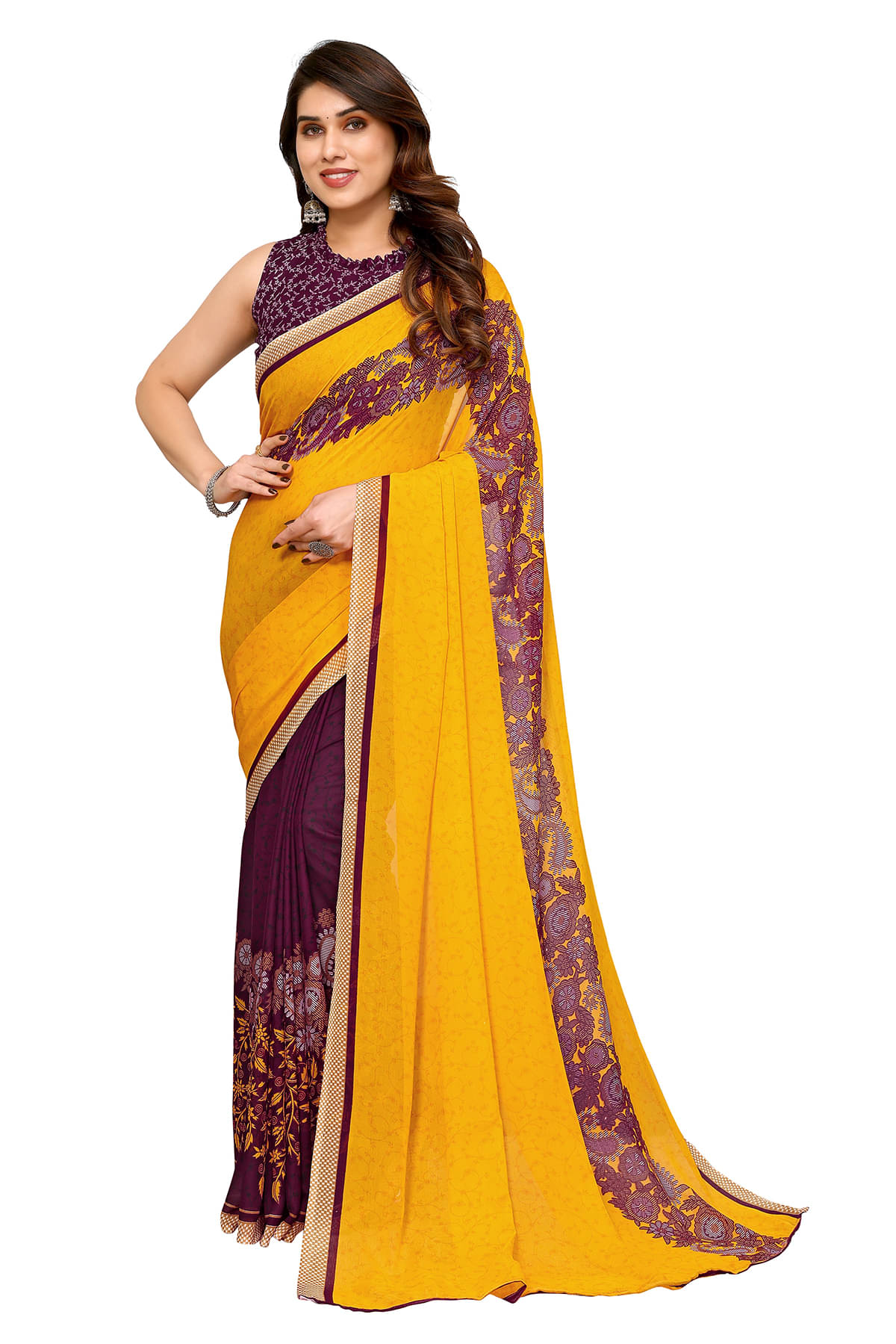     			ANAND SAREES Georgette Printed Ilkal Saree With Unstitched Blouse Piece ( Yellow )