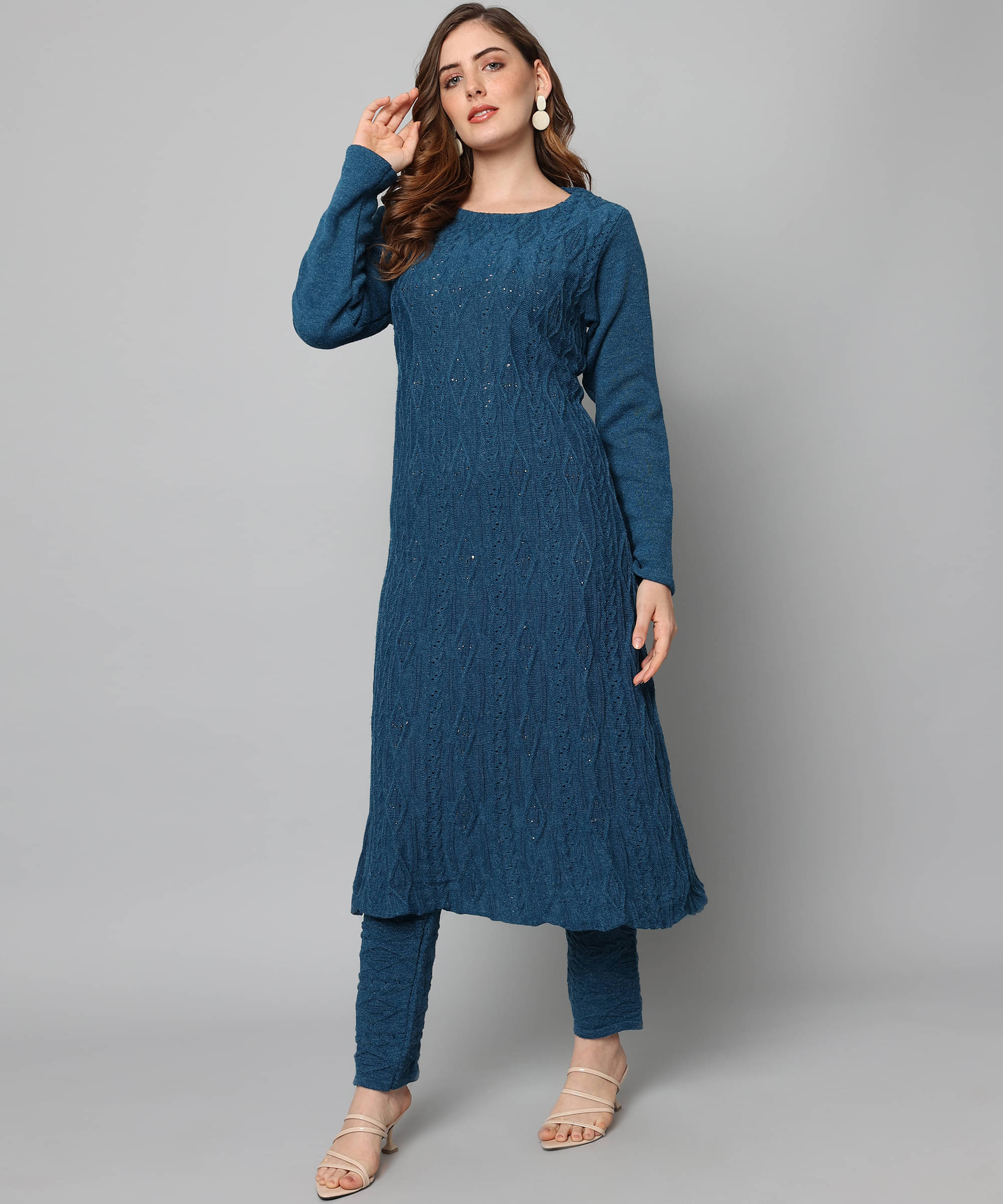 Canblar Women Woollen Solid Frock Style Kurti With Palazzo ( Blue )     			Canblar Women Woollen Solid Frock Style Kurti With Palazzo ( Blue )