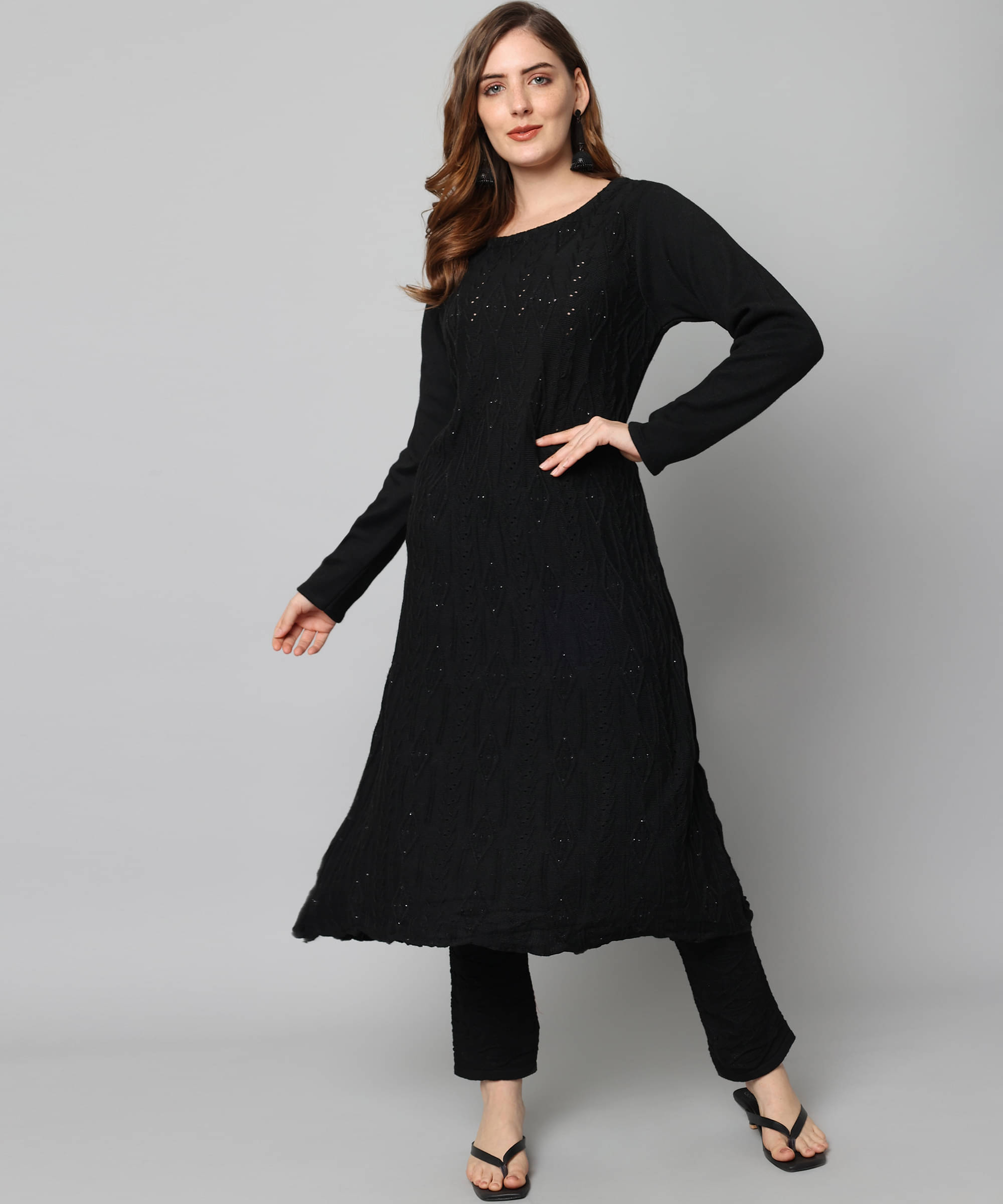     			Canblar Women Woollen Solid Frock Style Kurti With Pants ( Black )