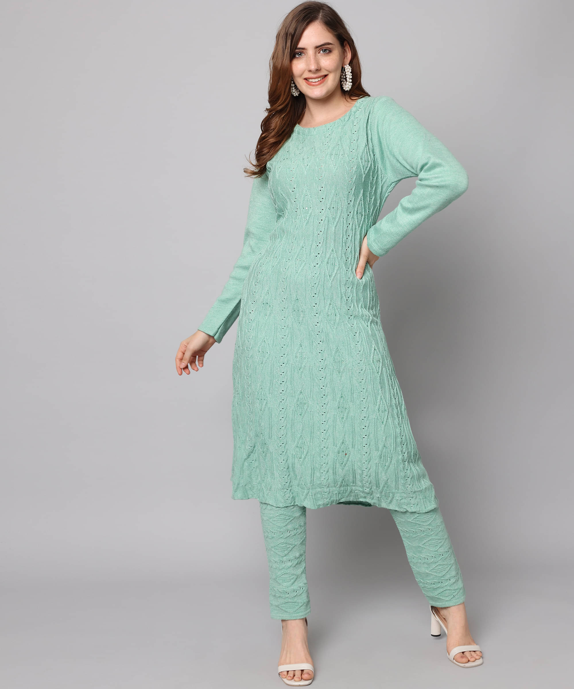     			Canblar Women Woollen Solid Frock Style Kurti With Pants ( Sea Green )