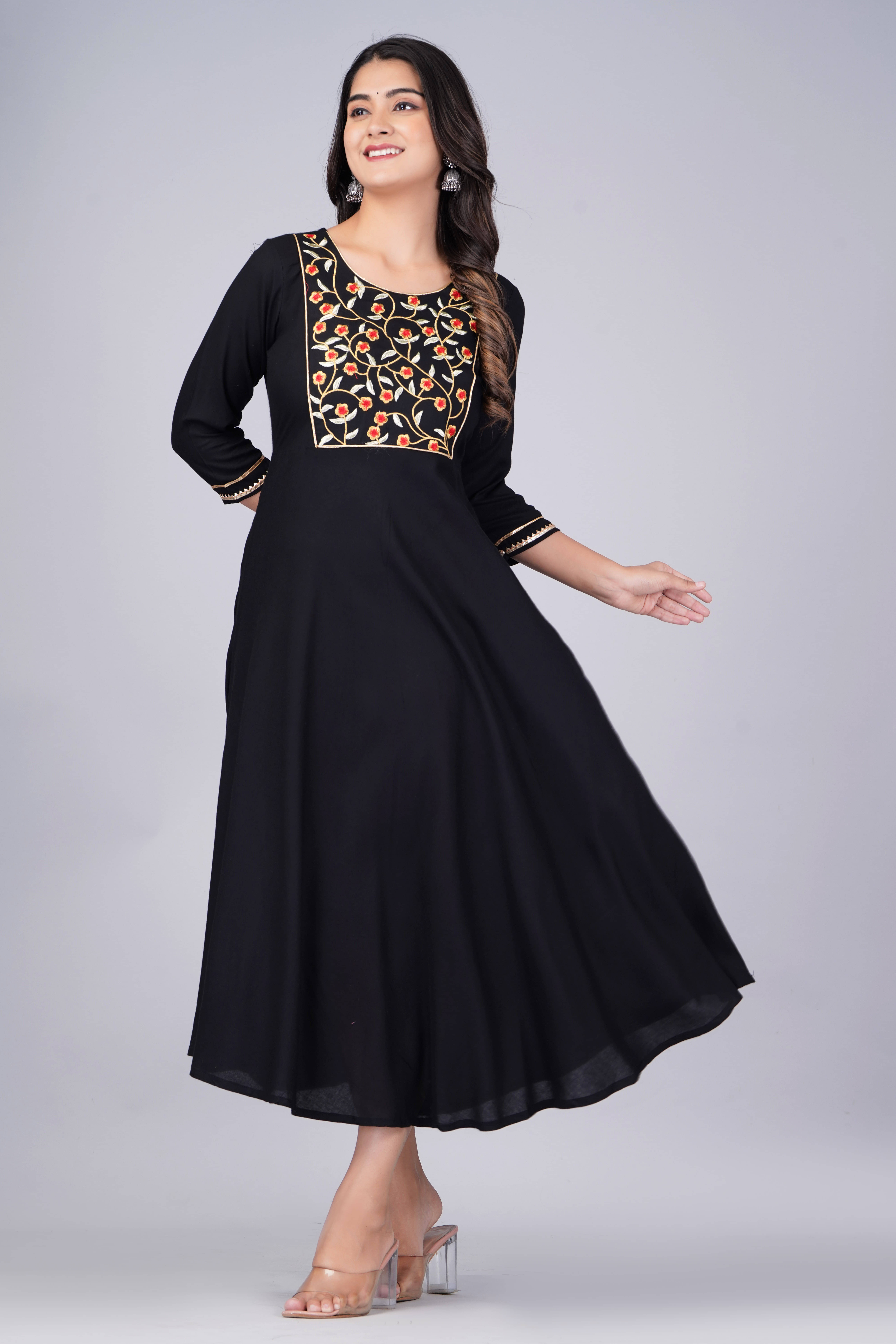     			Daneen Women Viscose Rayon Embroidered Anarkali Kurti ( Black )