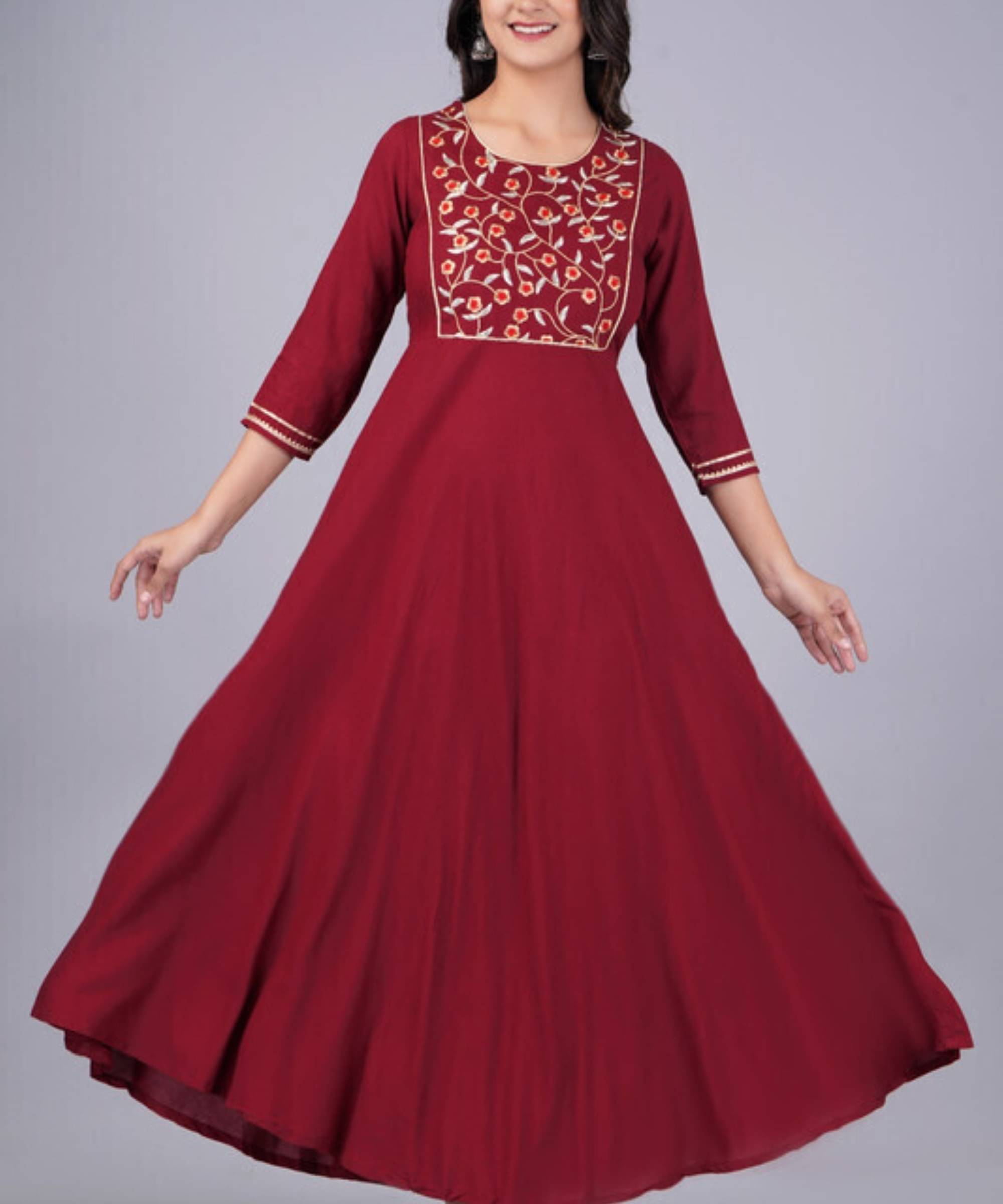 Daneen Women Viscose Rayon Embroidered Anarkali Kurti ( Maroon )     			Daneen Women Viscose Rayon Embroidered Anarkali Kurti ( Maroon )