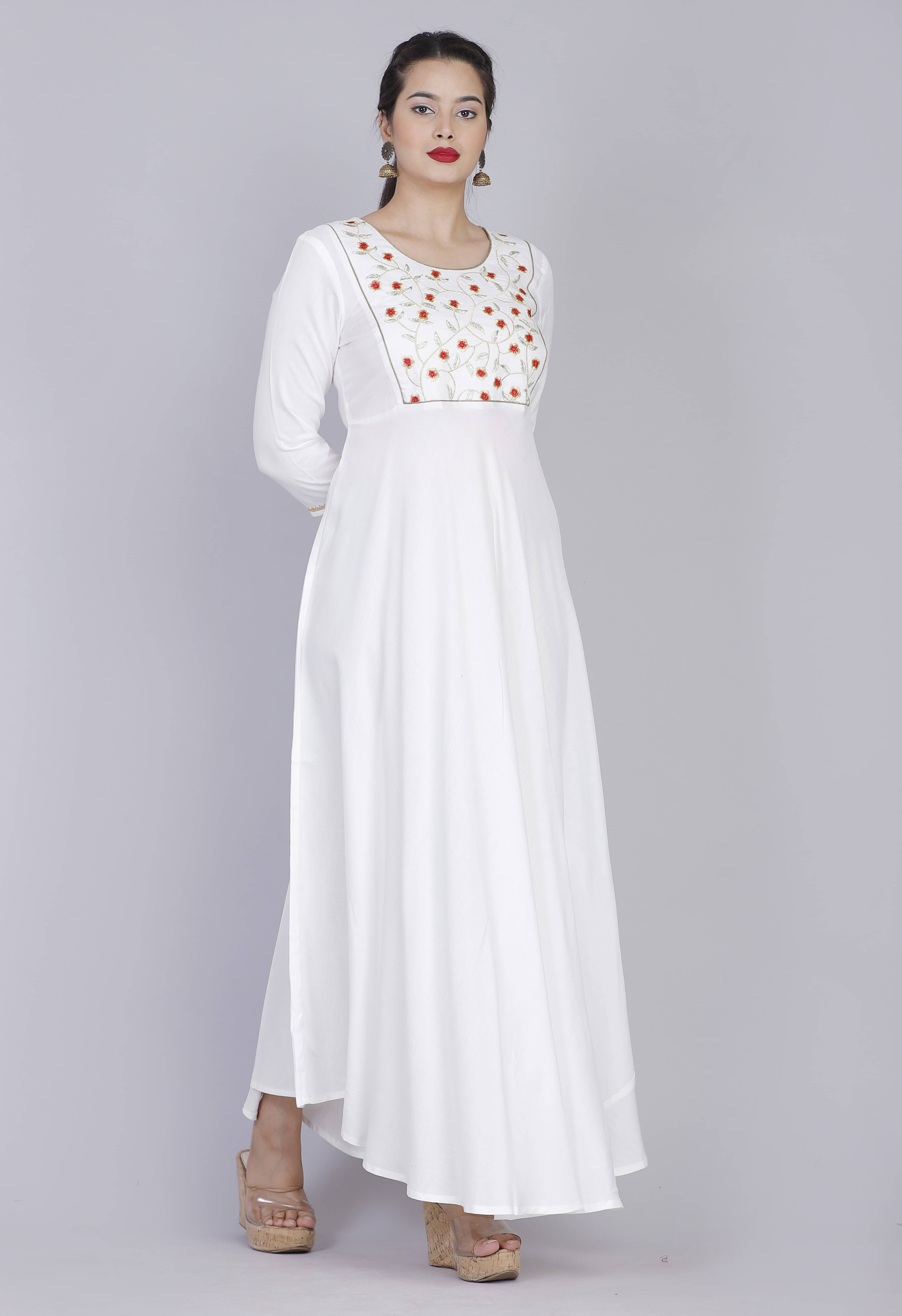    			Daneen Women Viscose Rayon Embroidered Anarkali Kurti ( White )