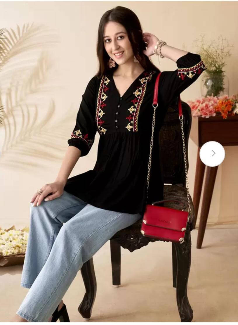     			Emica Women Viscose Rayon Embroidered Flared Kurti ( Black )