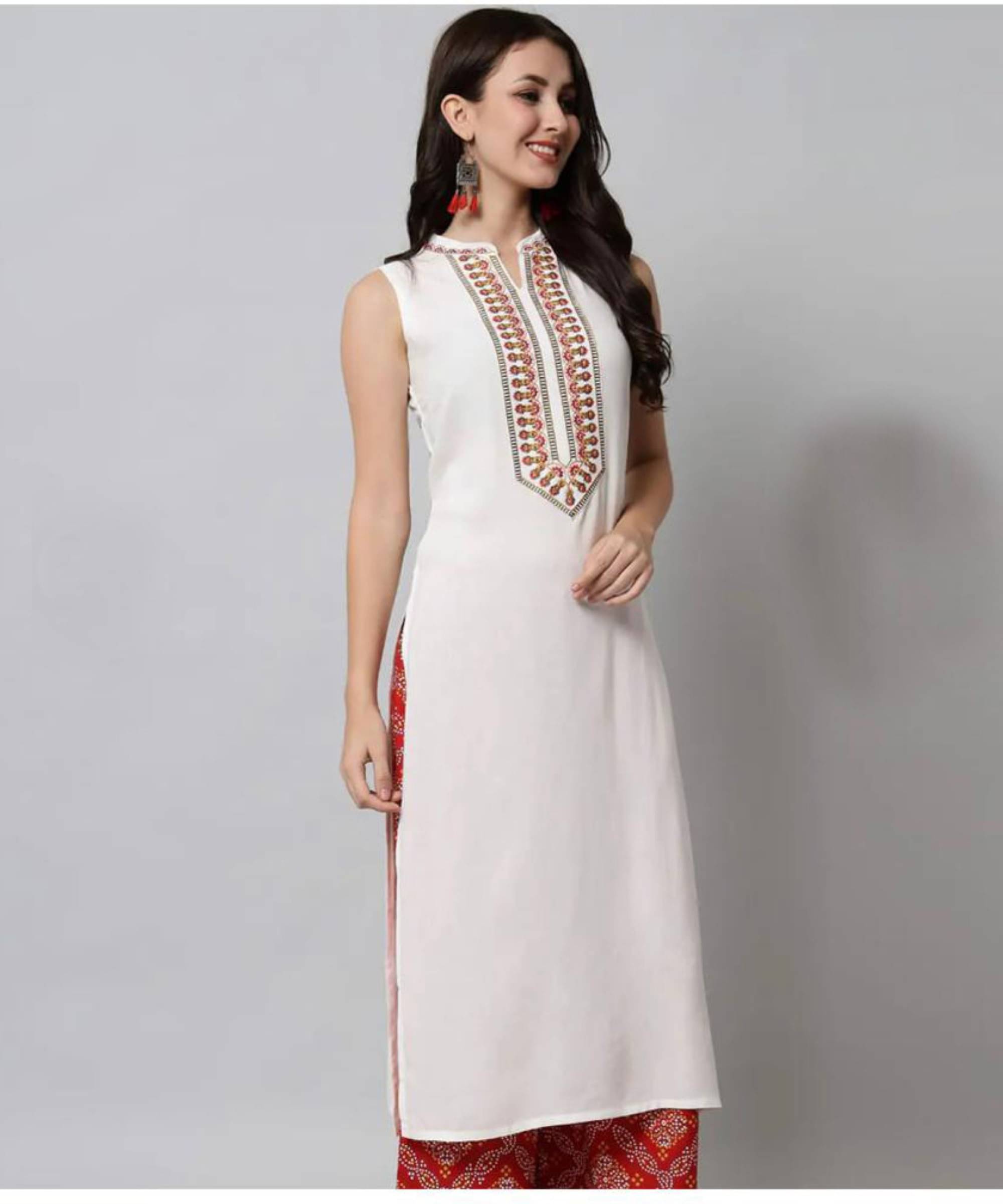     			Emica Women Viscose Rayon Embroidered Straight Kurti ( White )