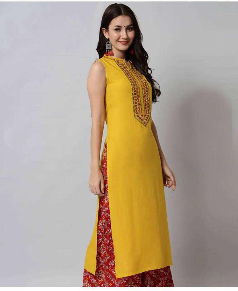     			Emica Women Viscose Rayon Embroidered Straight Kurti ( Yellow )