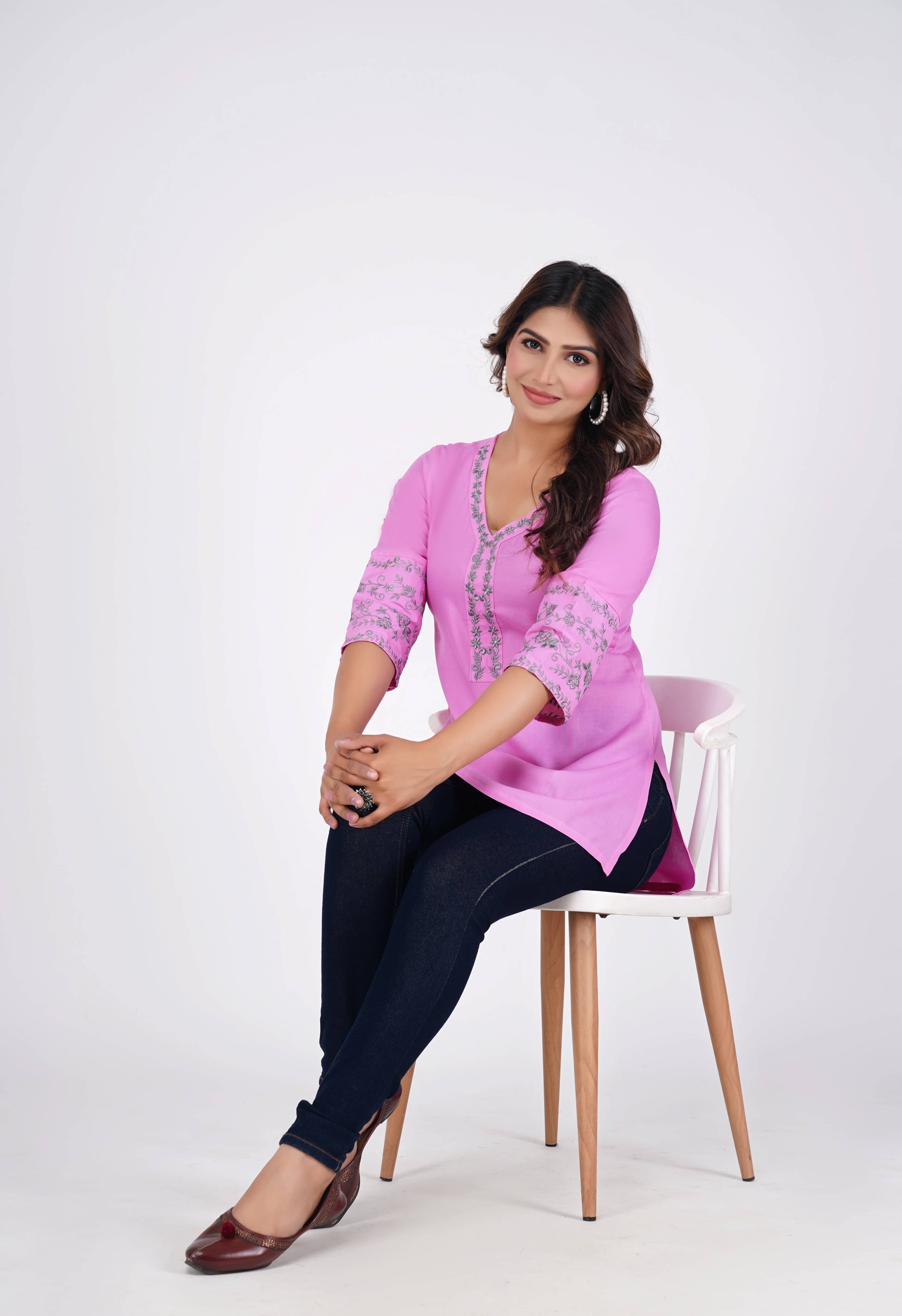     			Emica Women Viscose Rayon Embroidered Straight Kurti ( Pink )