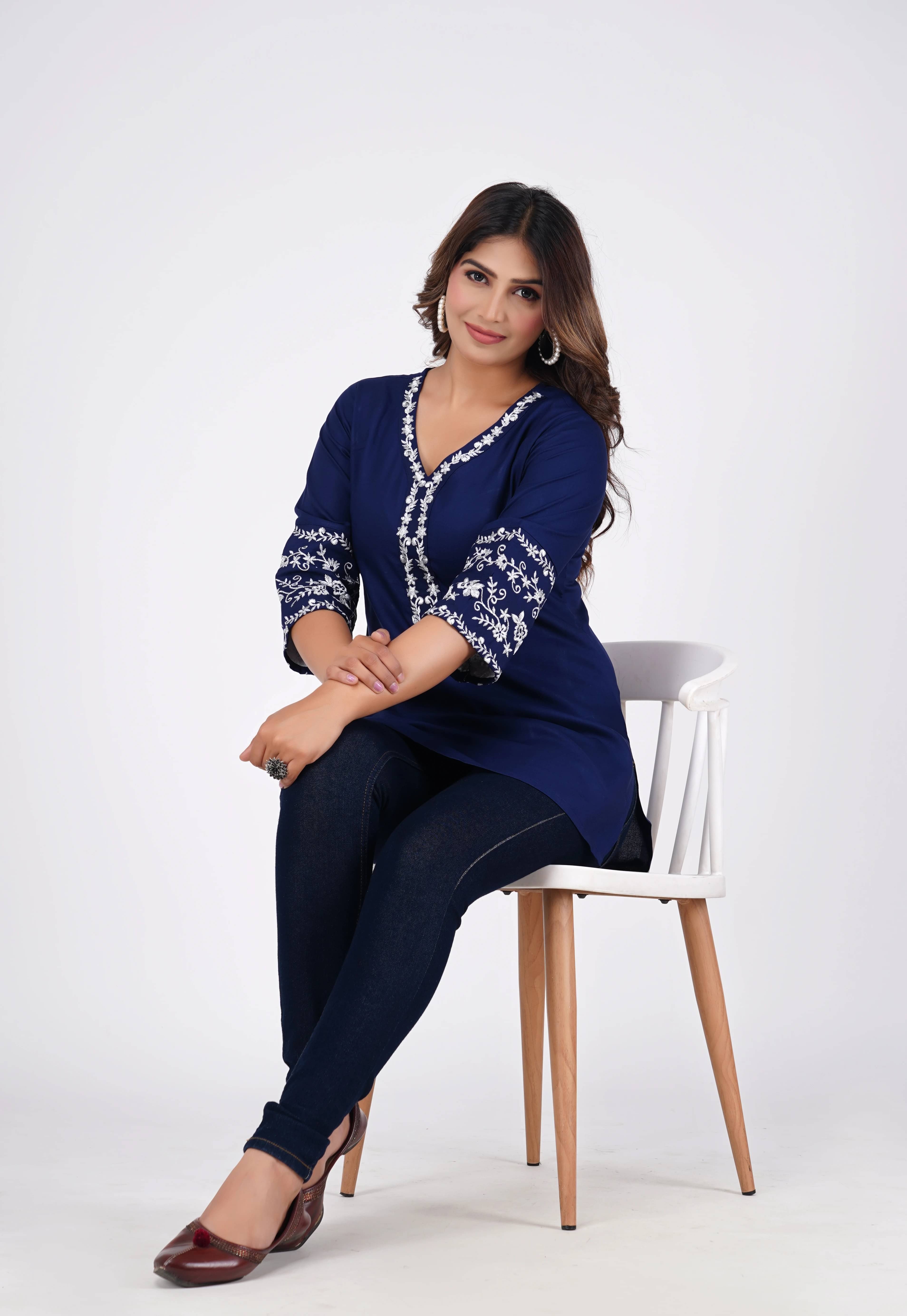 Emica Women Viscose Rayon Embroidered Straight Kurti ( Blue ) Emica Women Viscose Rayon Embroidered Straight Kurti ( Blue )