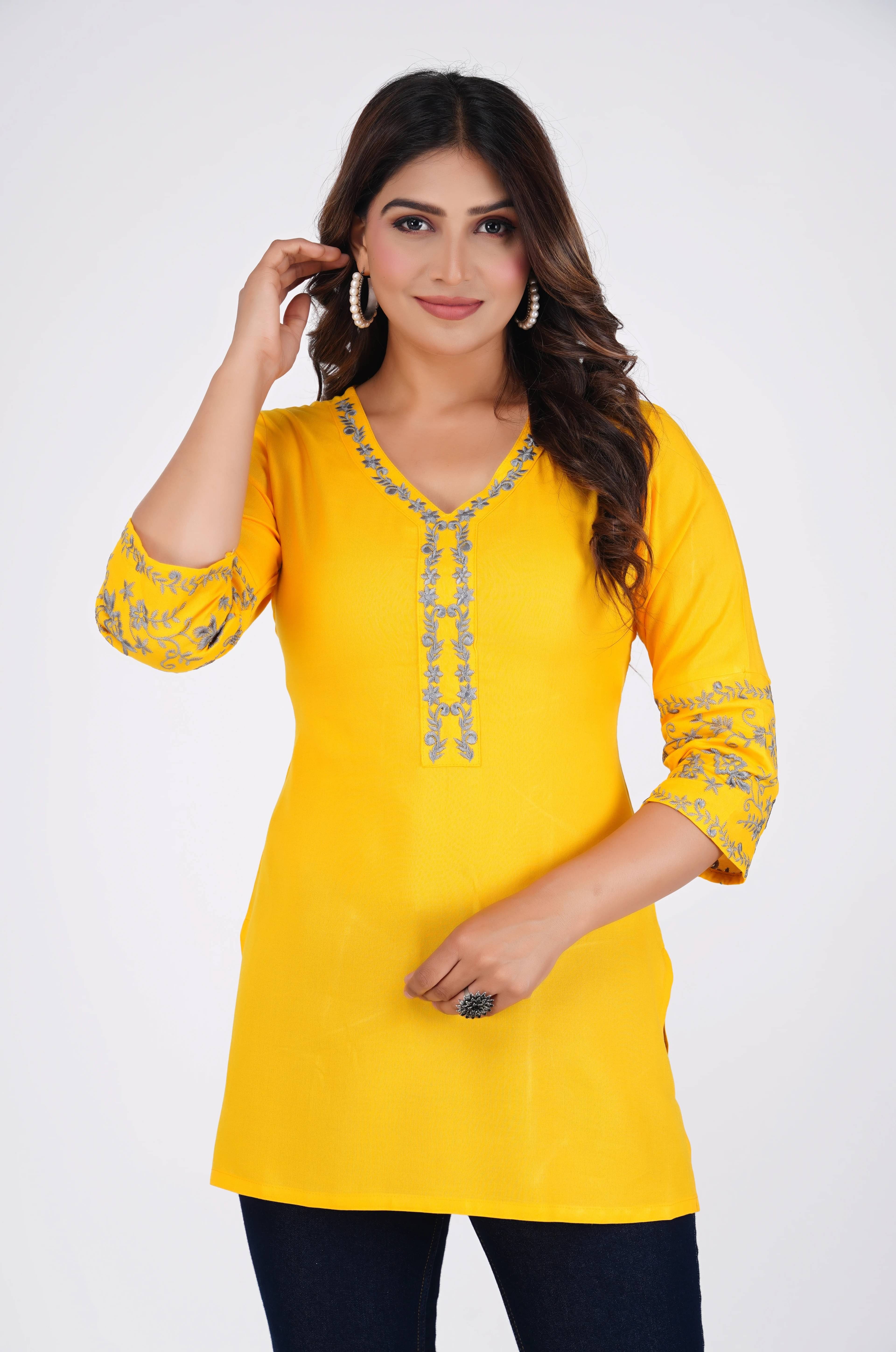     			Emica Women Viscose Rayon Embroidered Straight Kurti ( Yellow )