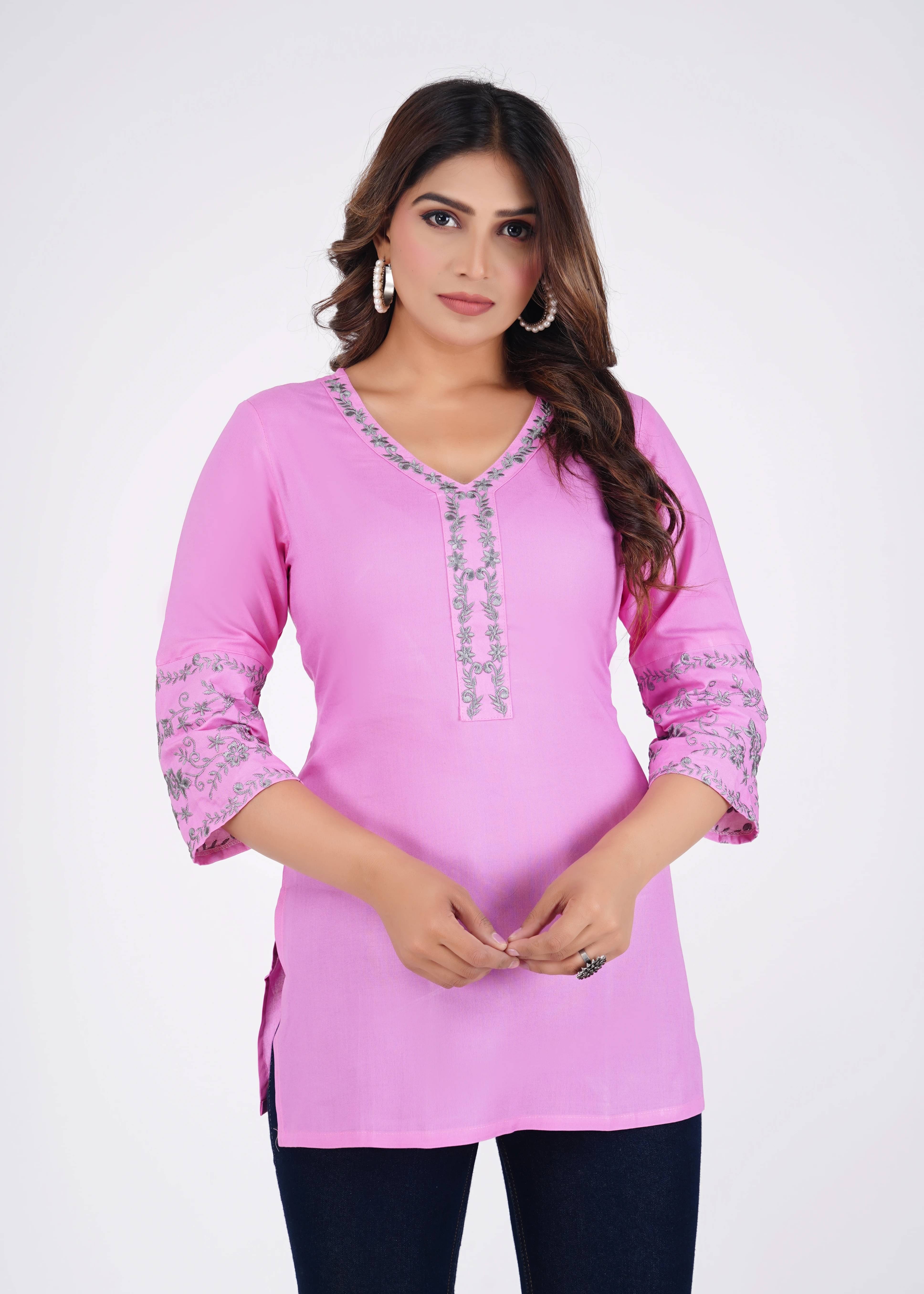 Emica Women Viscose Rayon Embroidered Straight Kurti ( Pink ) Emica Women Viscose Rayon Embroidered Straight Kurti ( Pink )