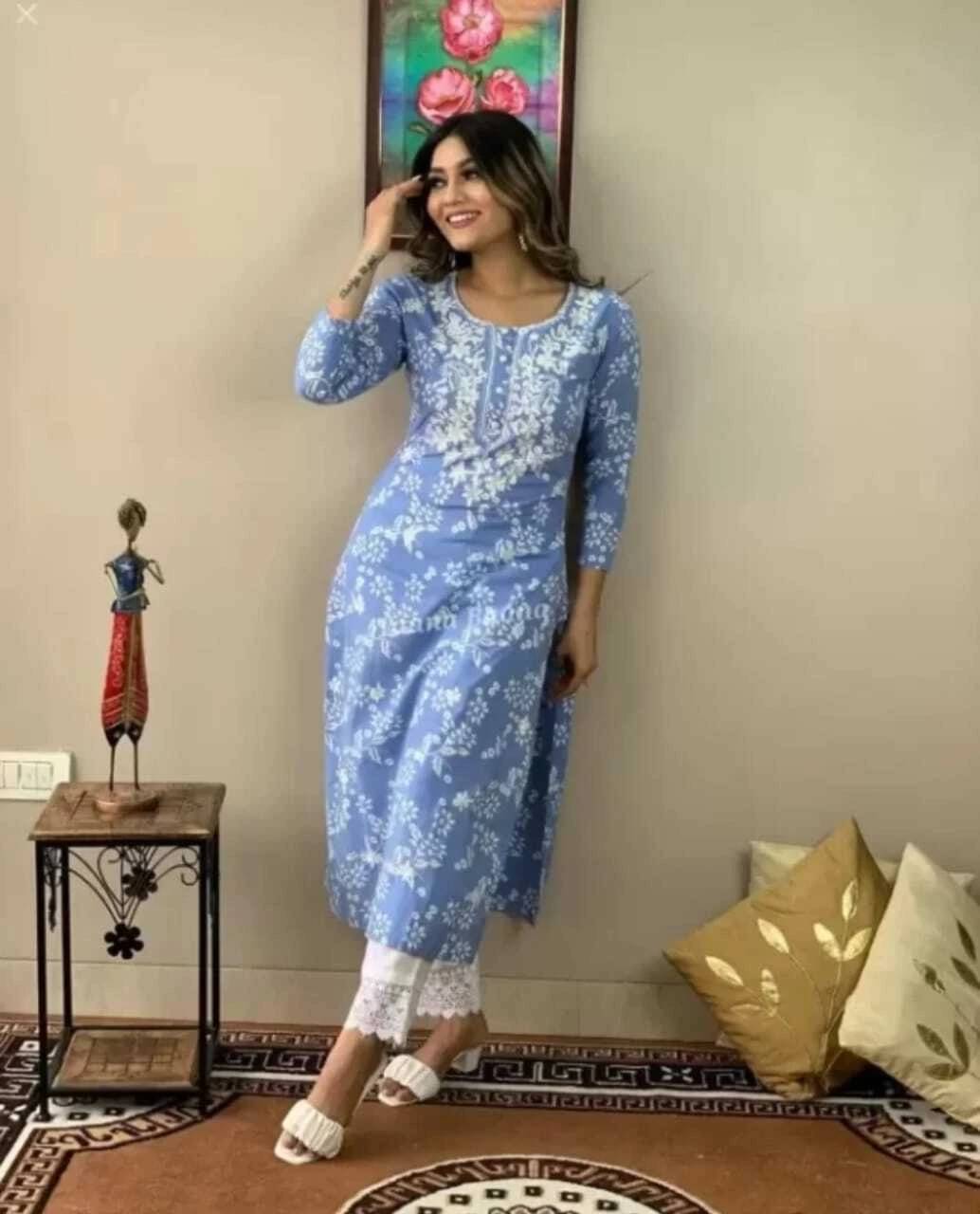 GURU TEXTILE Women Rayon Printed Straight Kurti With Pants ( Blue )     			GURU TEXTILE Women Rayon Printed Straight Kurti With Pants ( Blue )