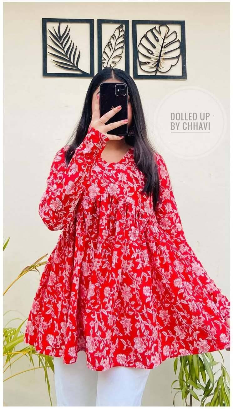 GURU TEXTILE Women Viscose Rayon Printed Flared Kurti ( Red ) GURU TEXTILE Women Viscose Rayon Printed Flared Kurti ( Red )