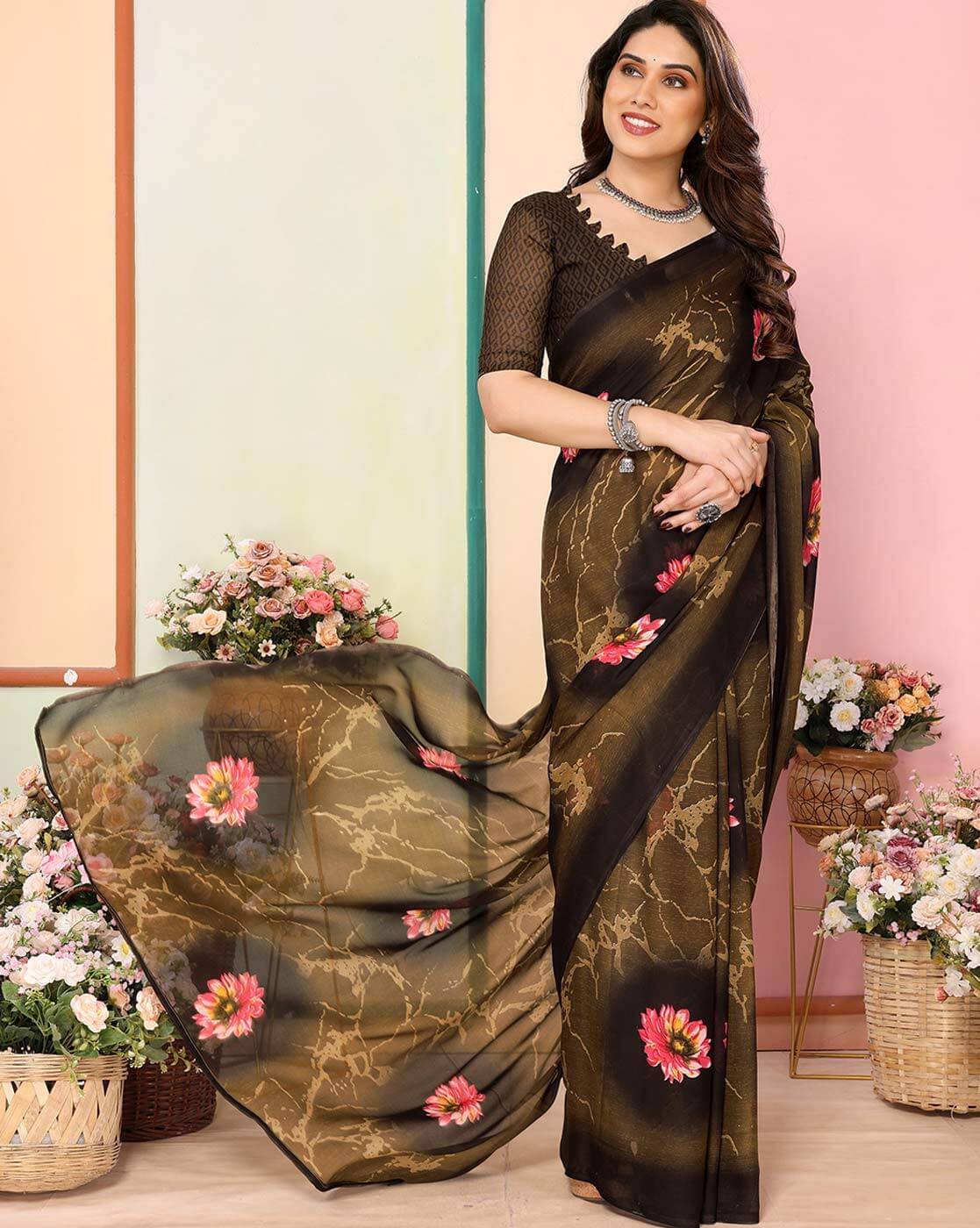     			JINAL & JINAL Georgette Printed Kashmiri Kani Saree With Unstitched Blouse Piece ( Brown )