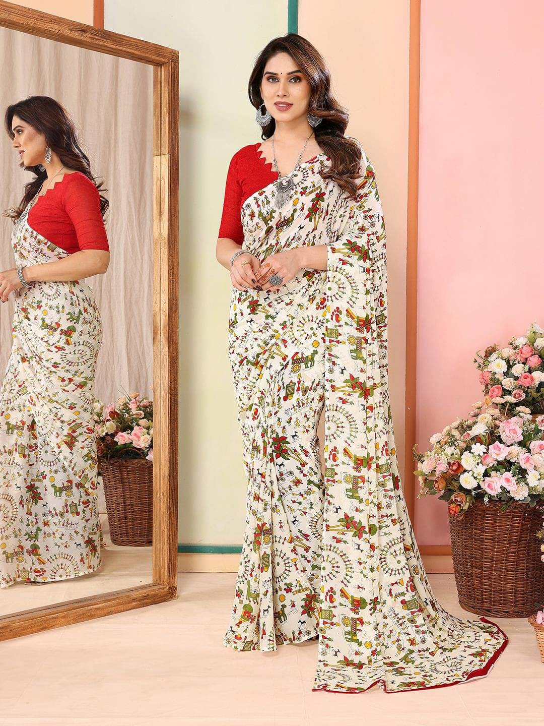     			JINAL & JINAL Georgette Printed Kashmiri Kani Saree With Unstitched Blouse Piece ( White )