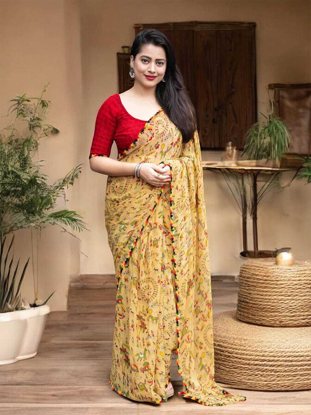     			JINAL & JINAL Georgette Printed Kashmiri Kani Saree With Unstitched Blouse Piece ( Beige )