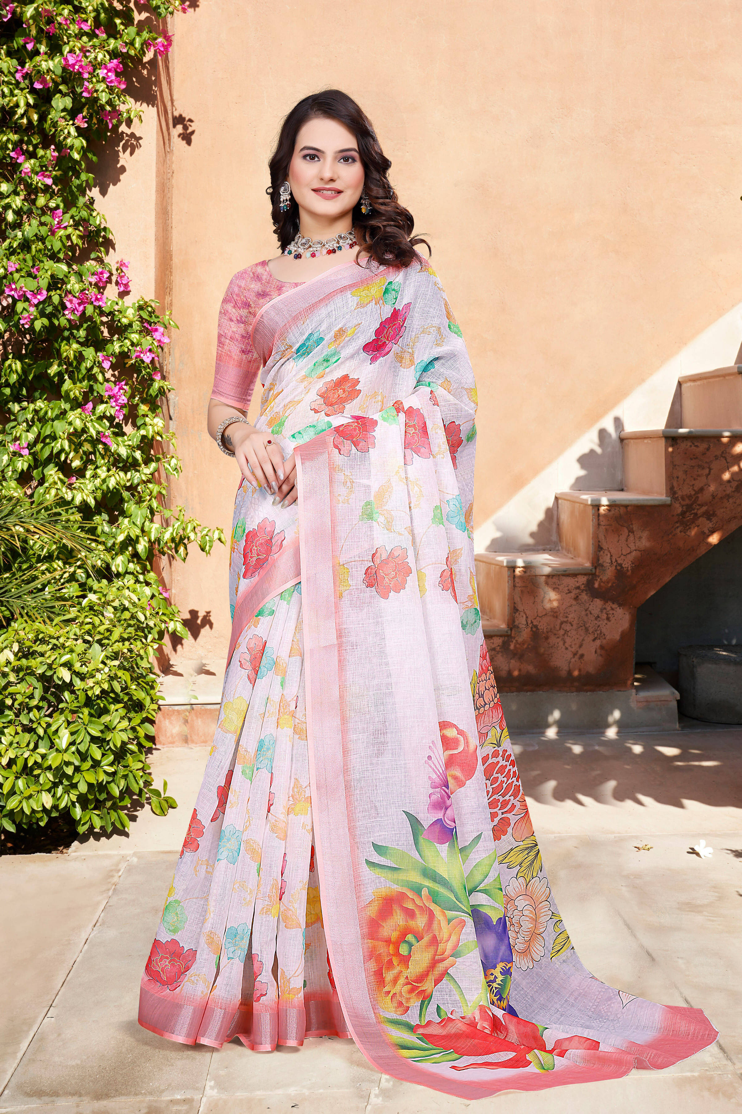     			Pheasant Linen Printed Jamdani Saree With Unstitched Blouse Piece ( White )