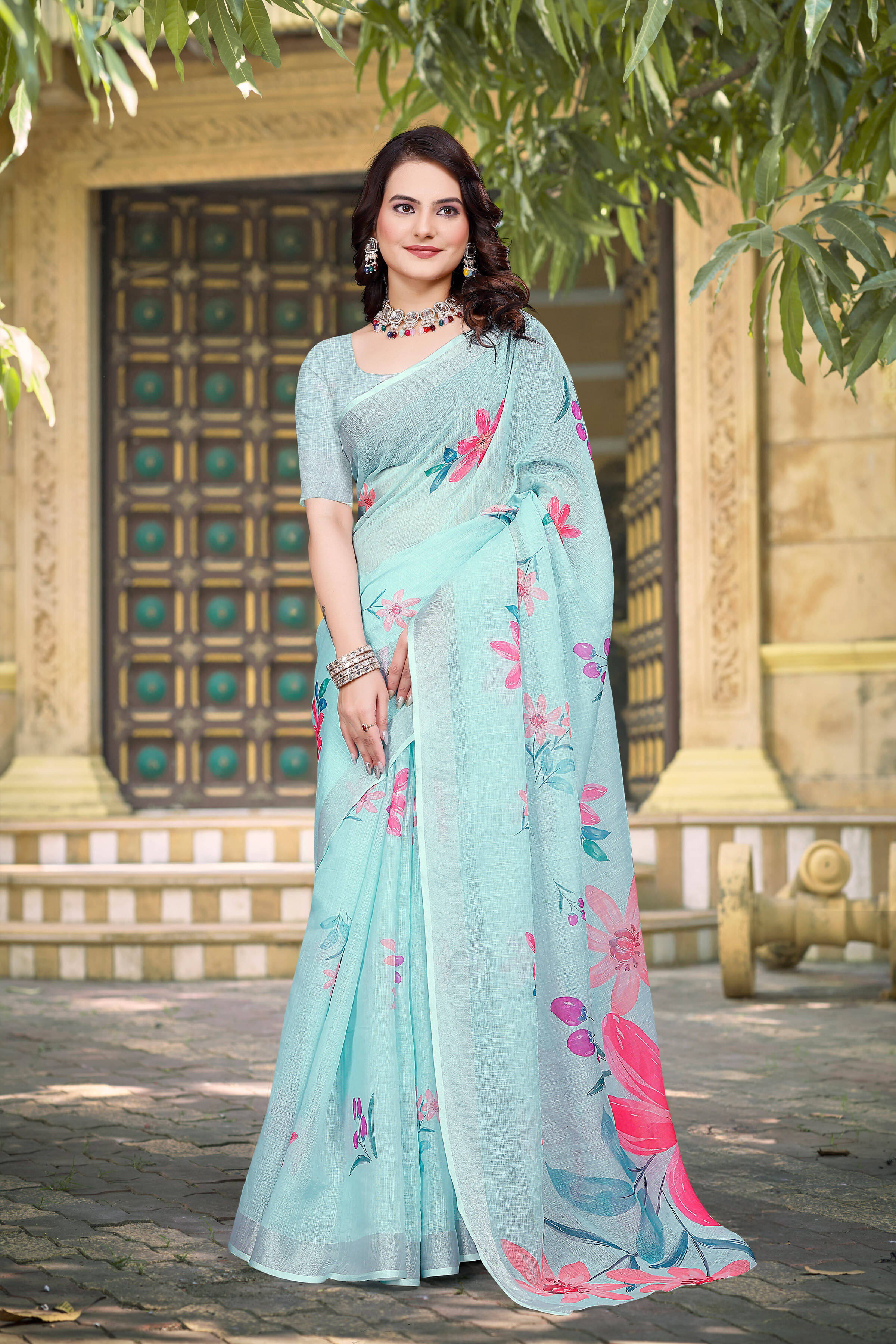 Pheasant Linen Printed Jamdani Saree With Unstitched Blouse Piece ( Light Blue ) Pheasant Linen Printed Jamdani Saree With Unstitched Blouse Piece ( Light Blue )
