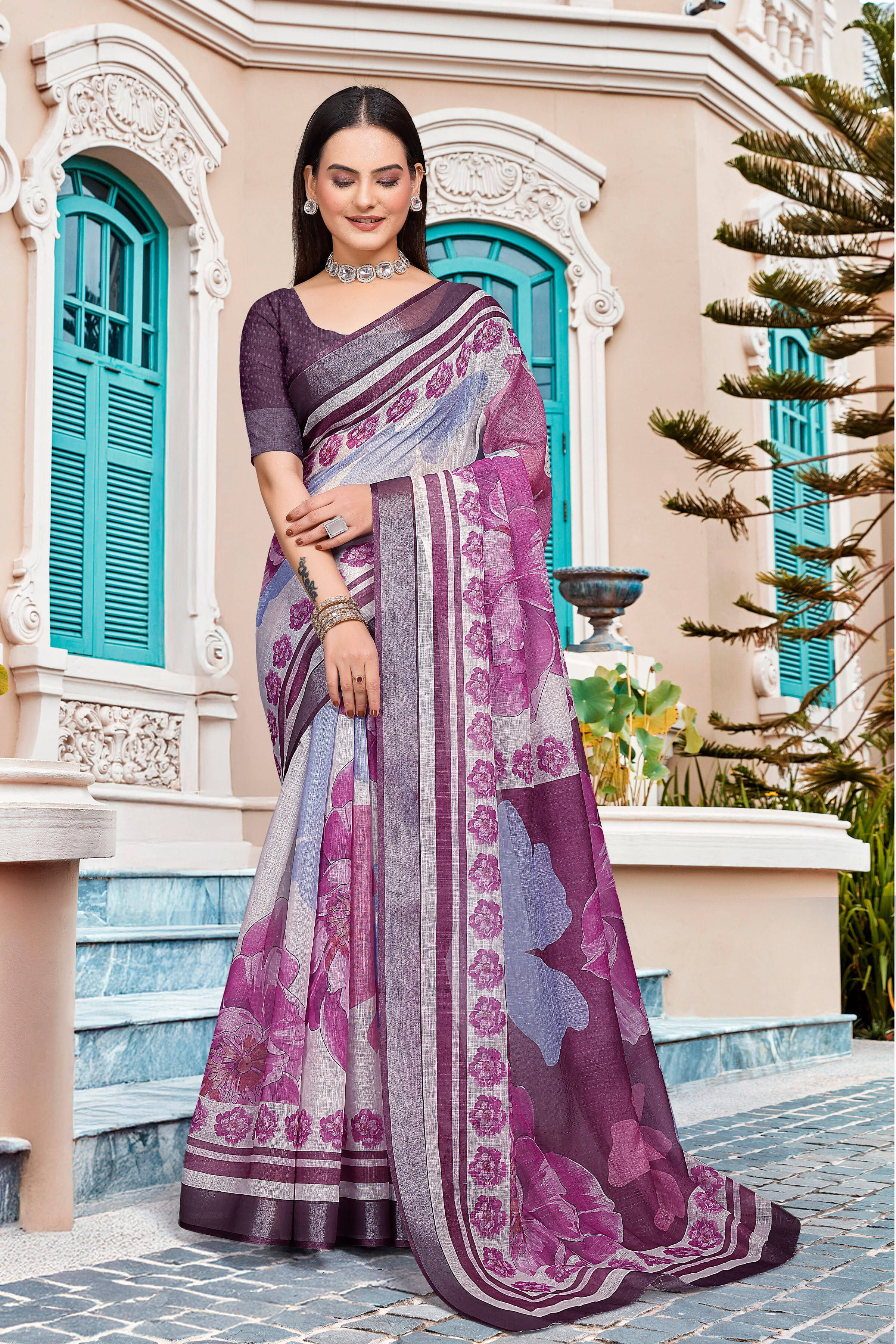     			Pheasant Linen Printed Jamdani Saree With Unstitched Blouse Piece ( Purple )