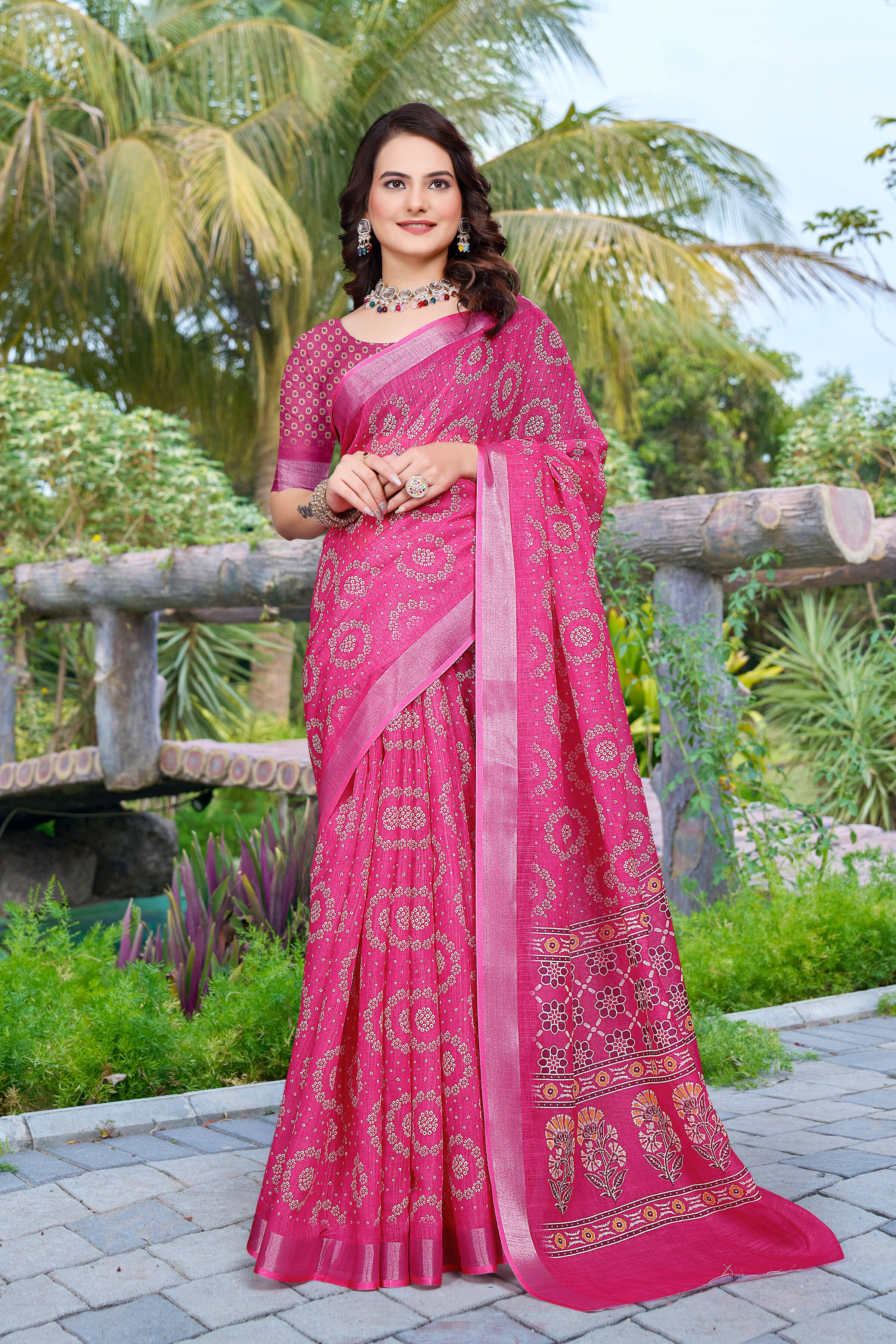     			Pheasant Linen Printed Jamdani Saree With Unstitched Blouse Piece ( Pink )