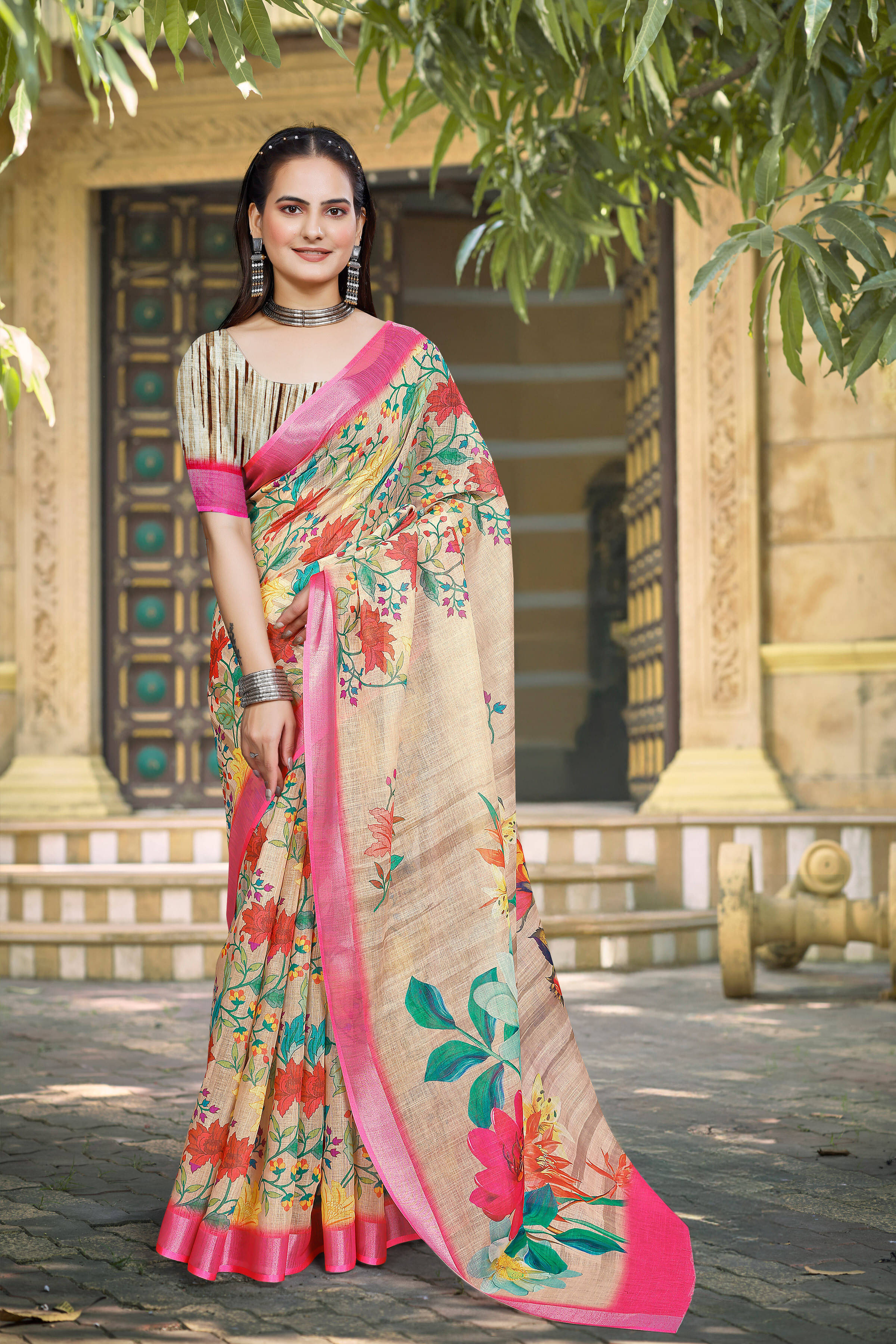 Pheasant Linen Printed Jamdani Saree With Unstitched Blouse Piece ( Beige ) Pheasant Linen Printed Jamdani Saree With Unstitched Blouse Piece ( Beige )