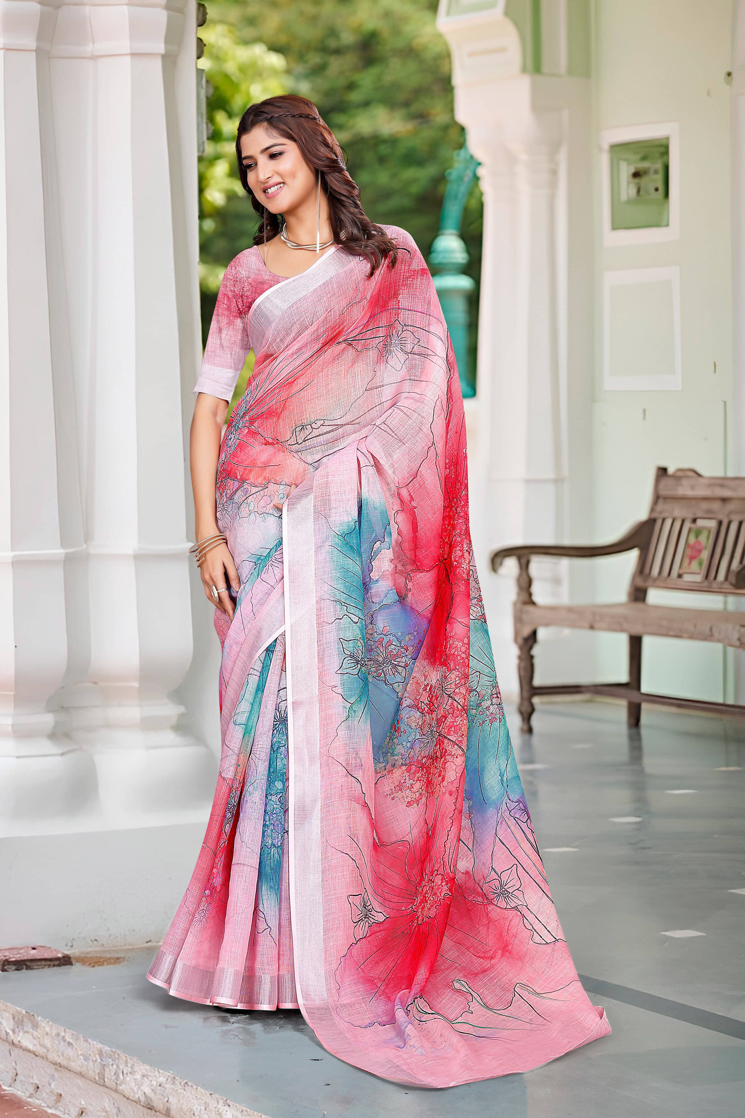 Pheasant Linen Printed Jamdani Saree With Unstitched Blouse Piece ( Red ) Pheasant Linen Printed Jamdani Saree With Unstitched Blouse Piece ( Red )