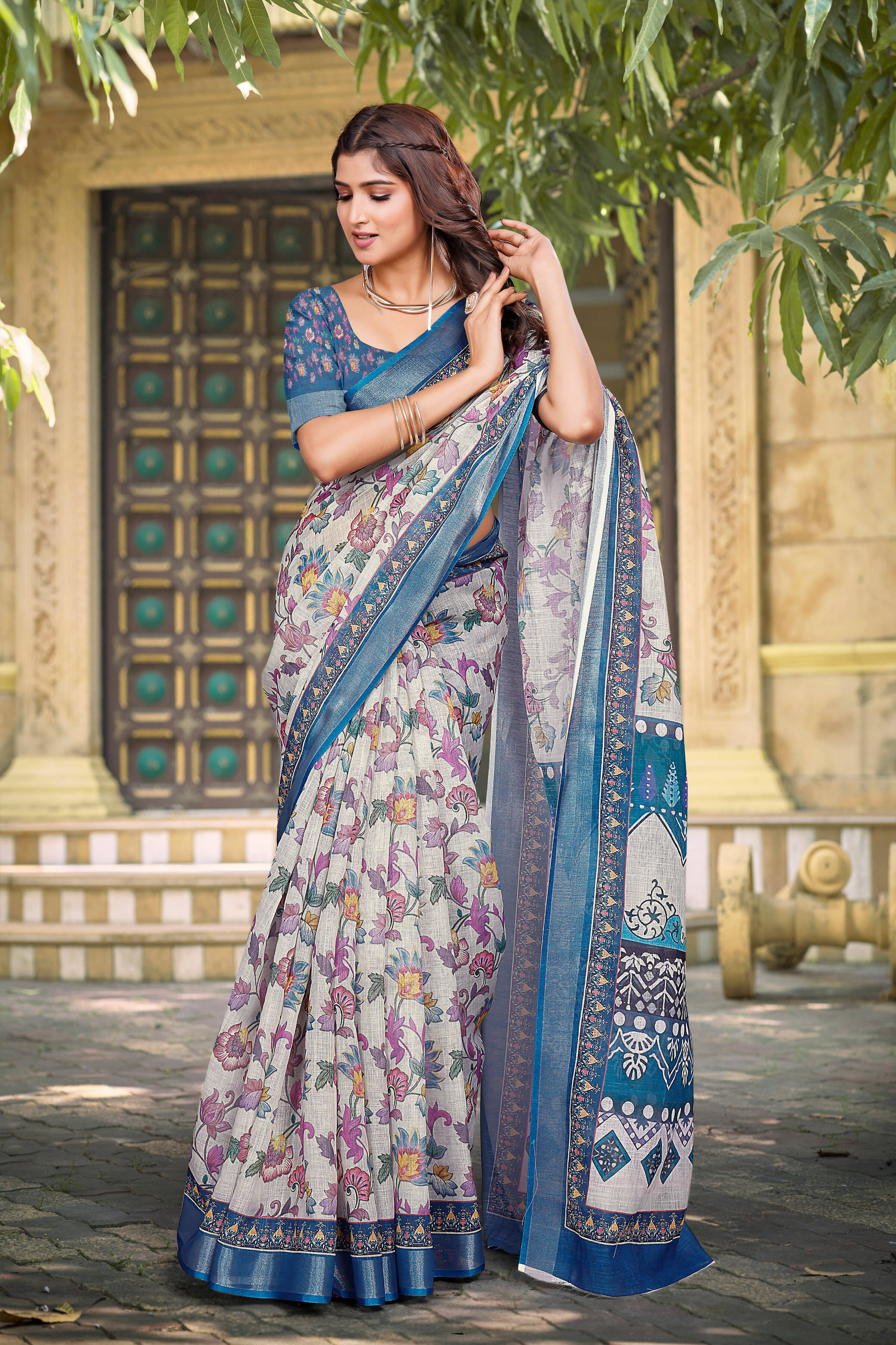 Pheasant Linen Printed Jamdani Saree With Unstitched Blouse Piece ( Blue ) Pheasant Linen Printed Jamdani Saree With Unstitched Blouse Piece ( Blue )