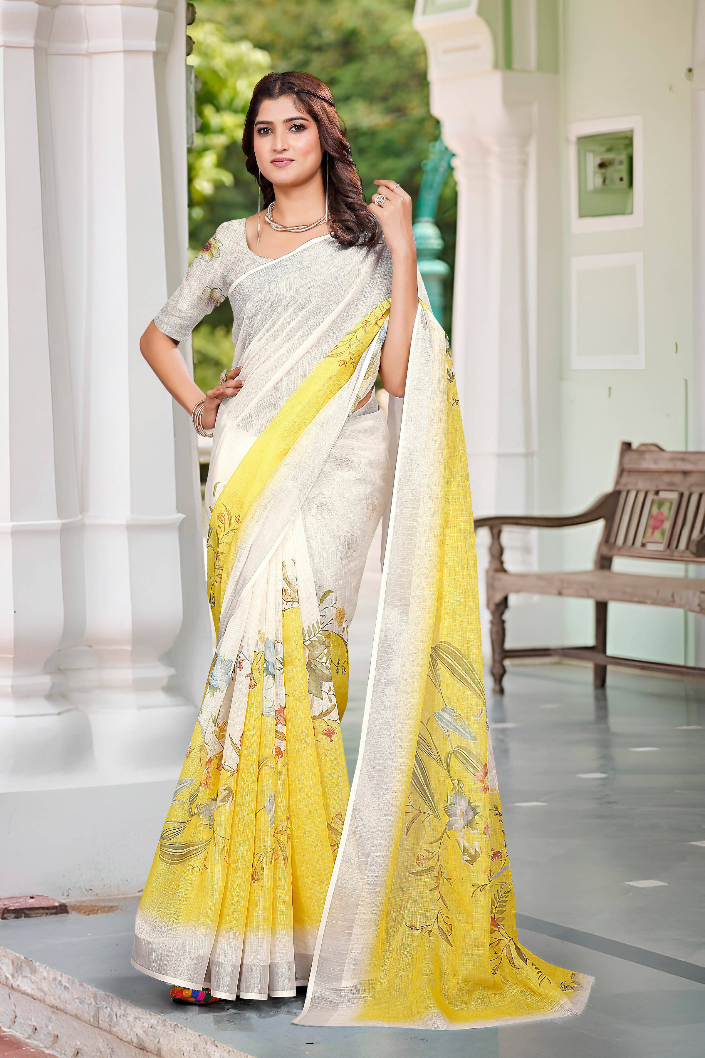 Pheasant Linen Printed Jamdani Saree With Unstitched Blouse Piece ( White )     			Pheasant Linen Printed Jamdani Saree With Unstitched Blouse Piece ( White )