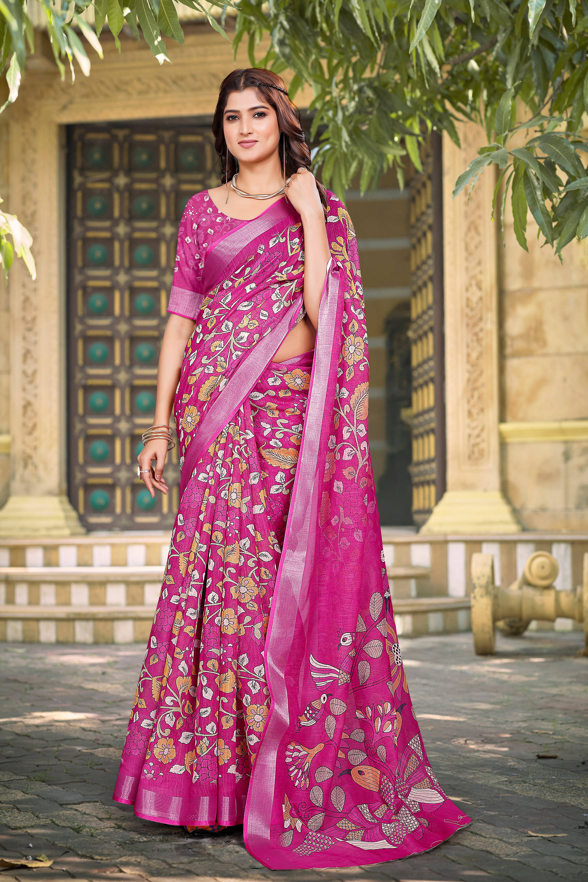     			Pheasant Linen Printed Jamdani Saree With Unstitched Blouse Piece ( Pink )