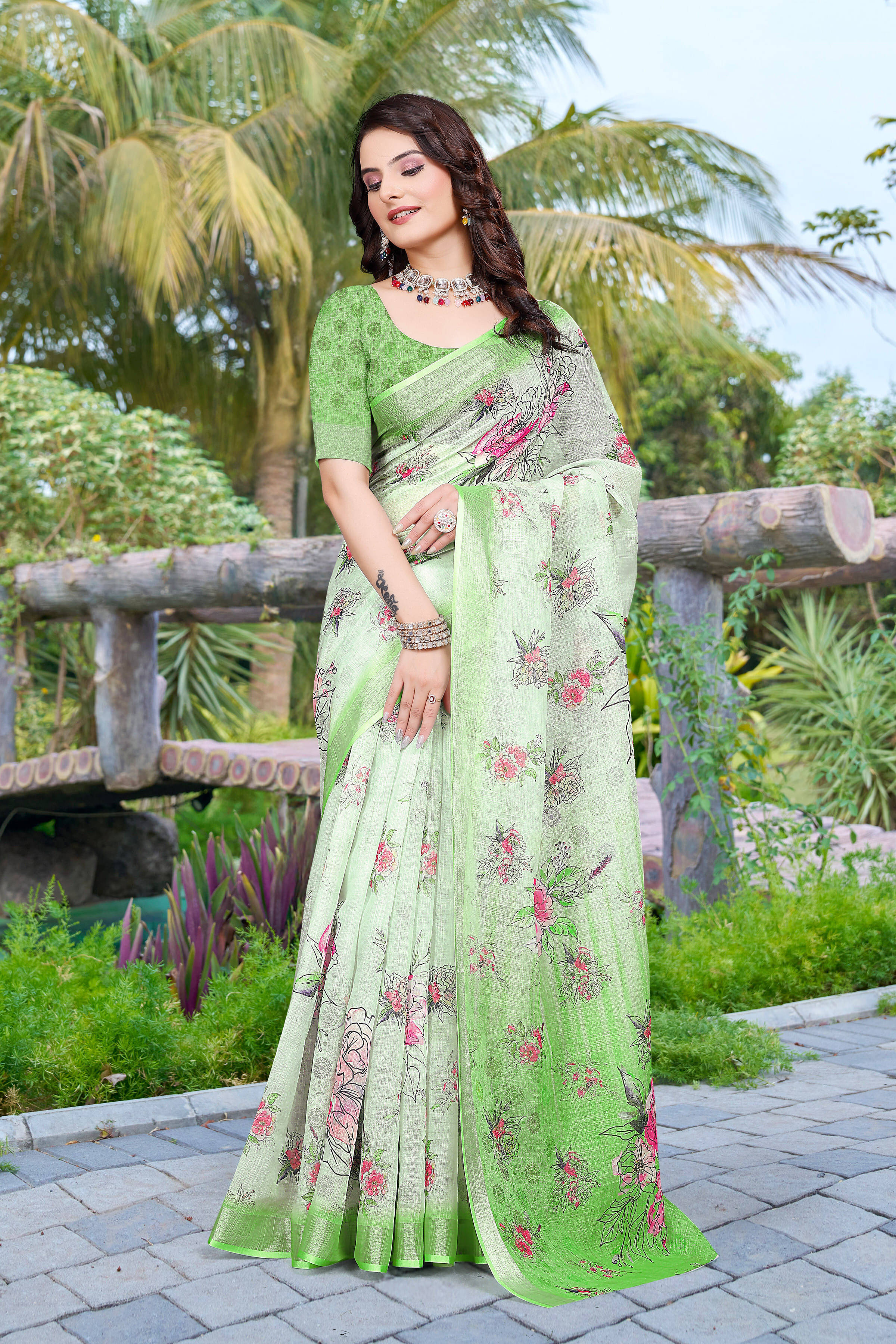 Pheasant Linen Printed Jamdani Saree With Unstitched Blouse Piece ( Light Green ) Pheasant Linen Printed Jamdani Saree With Unstitched Blouse Piece ( Light Green )