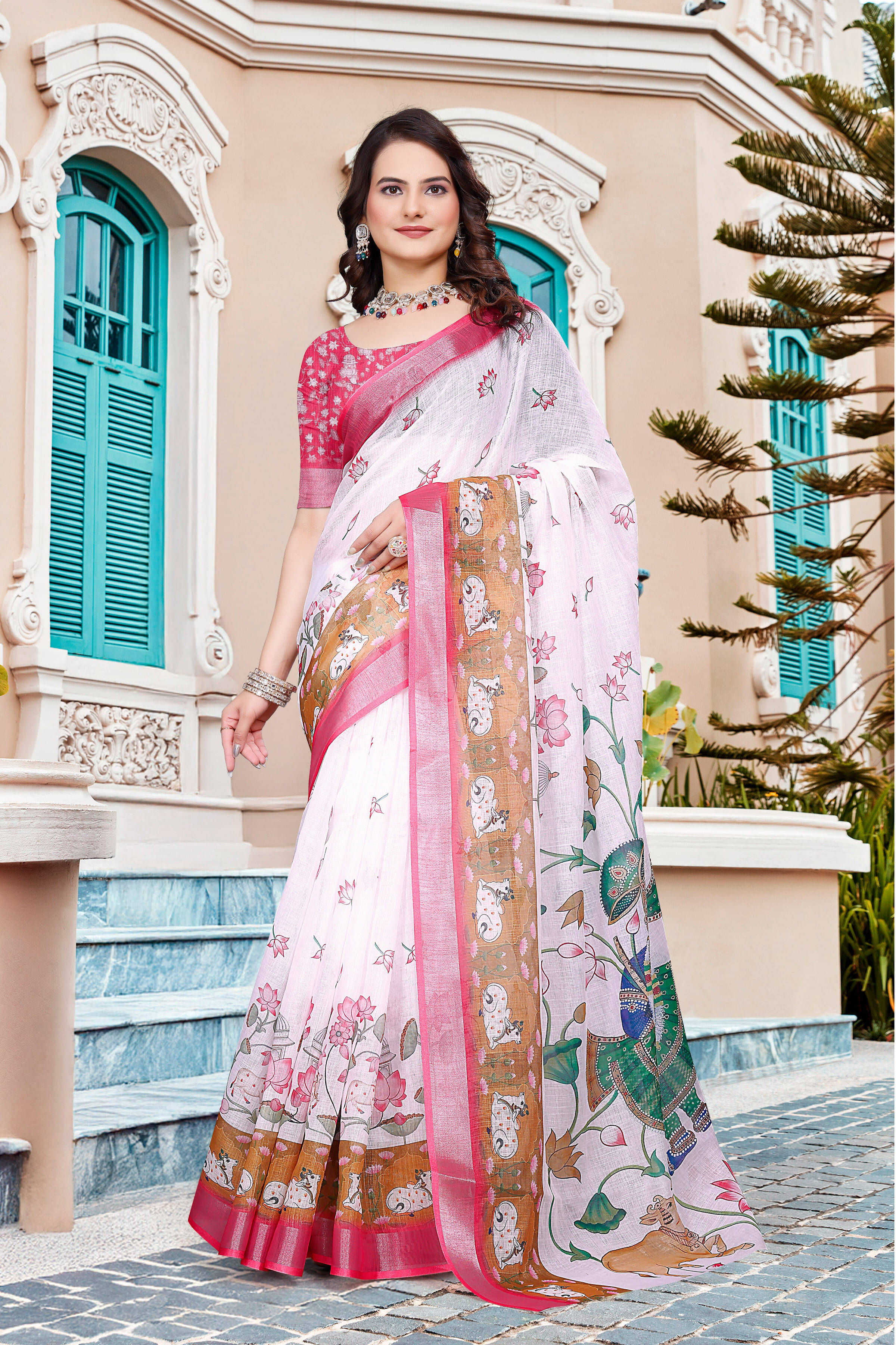 Pheasant Linen Printed Jamdani Saree With Unstitched Blouse Piece ( White ) Pheasant Linen Printed Jamdani Saree With Unstitched Blouse Piece ( White )