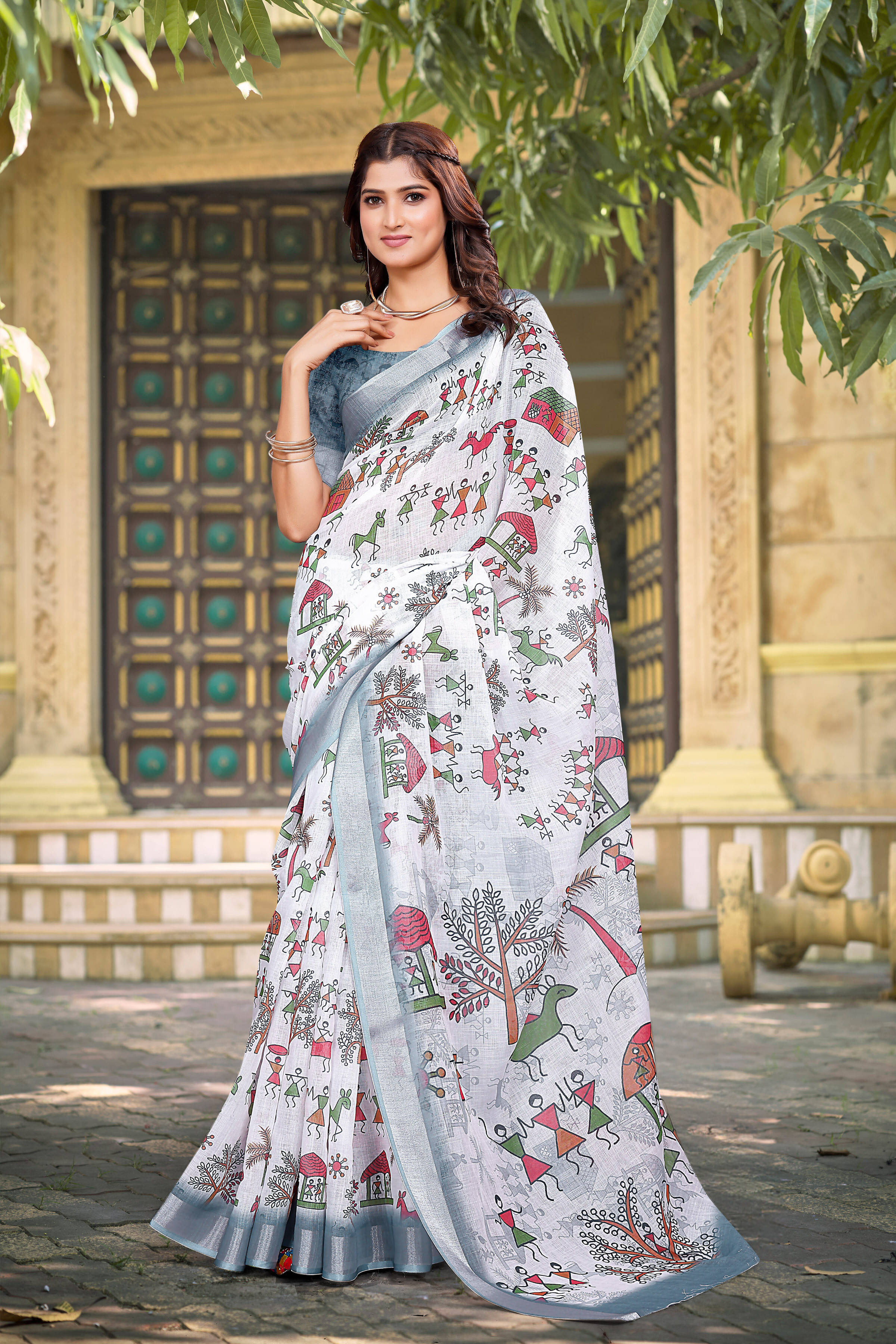     			Pheasant Linen Printed Jamdani Saree With Unstitched Blouse Piece ( White )