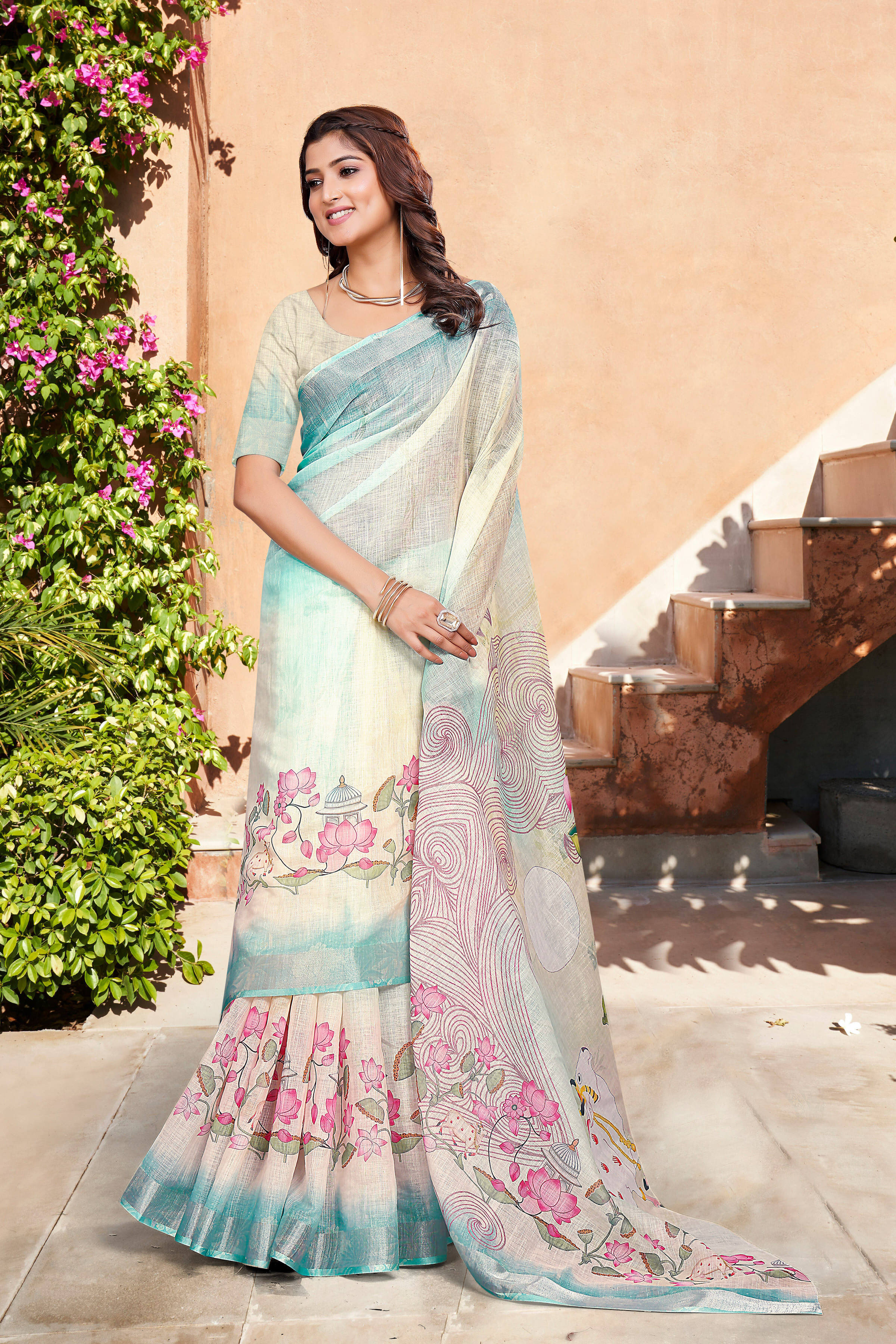 Pheasant Linen Printed Jamdani Saree With Unstitched Blouse Piece ( White ) Pheasant Linen Printed Jamdani Saree With Unstitched Blouse Piece ( White )