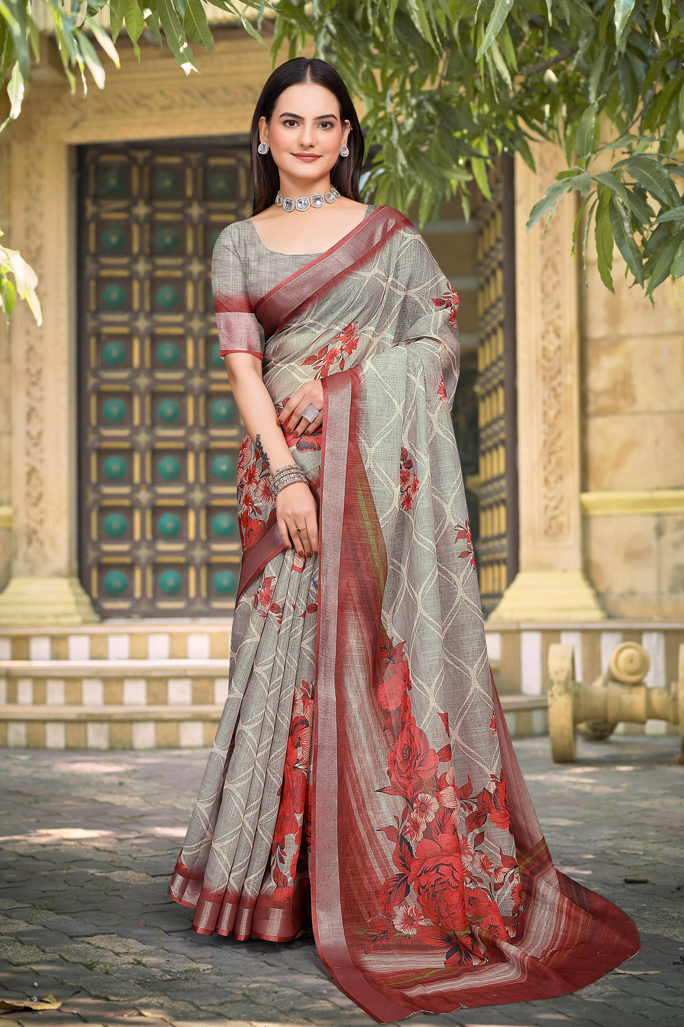 Pheasant Linen Printed Jamdani Saree With Unstitched Blouse Piece ( Grey ) Pheasant Linen Printed Jamdani Saree With Unstitched Blouse Piece ( Grey )