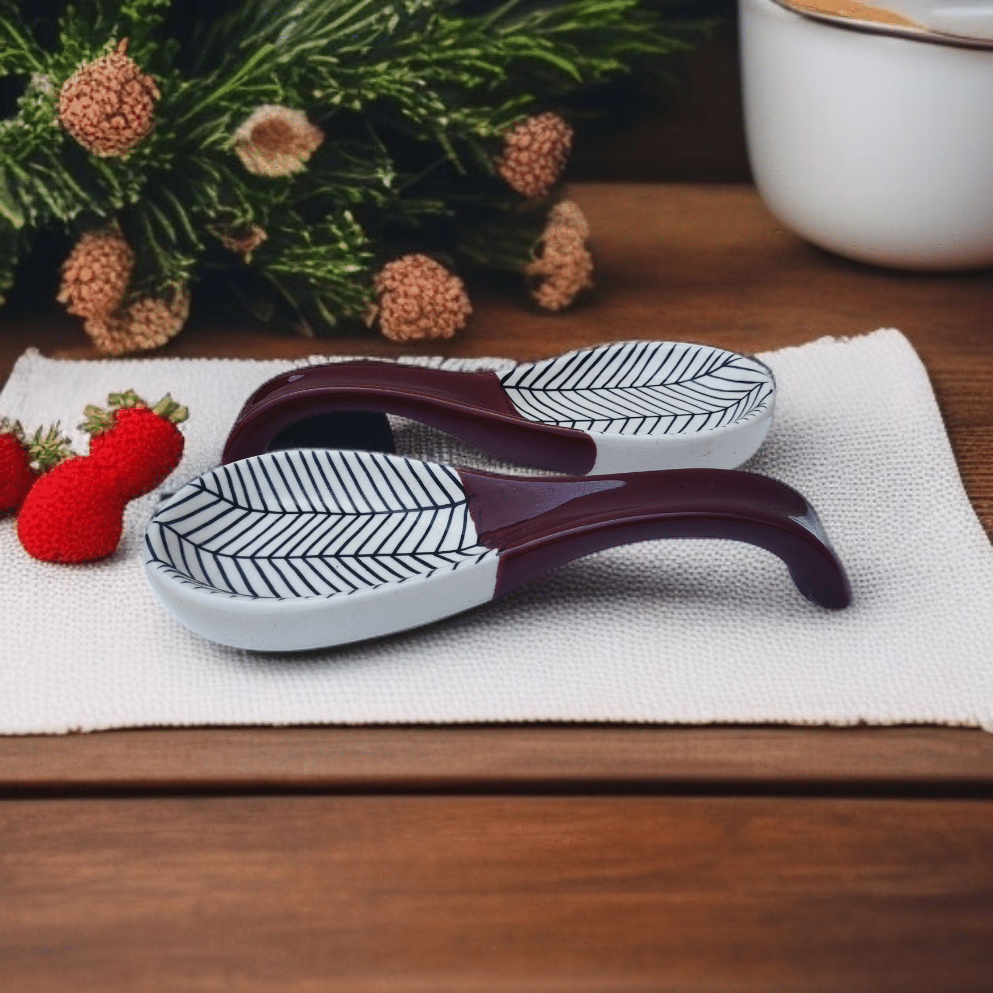     			RAFOLEEN Spoon Rest Ceramic Printed Soup Spoon Wine ( Pack of 2 )