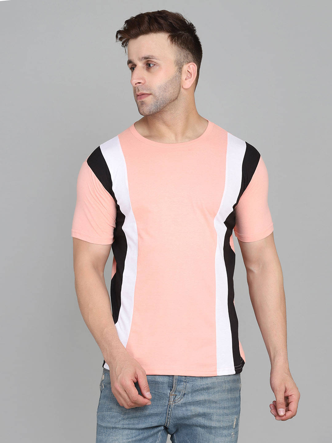 SWIFTLY Men Cotton Regular Fit Colorblock T-Shirt ( Peach ) SWIFTLY Men Cotton Regular Fit Colorblock T-Shirt ( Peach )