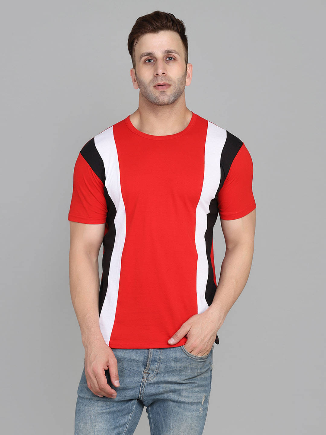 SWIFTLY Men Cotton Regular Fit Colorblock T-Shirt ( Red ) SWIFTLY Men Cotton Regular Fit Colorblock T-Shirt ( Red )