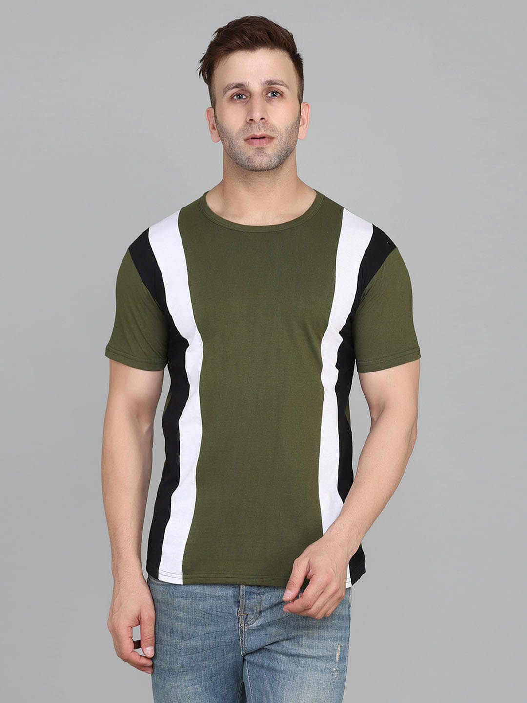 SWIFTLY Men Cotton Regular Fit Colorblock T-Shirt ( Olive ) SWIFTLY Men Cotton Regular Fit Colorblock T-Shirt ( Olive )