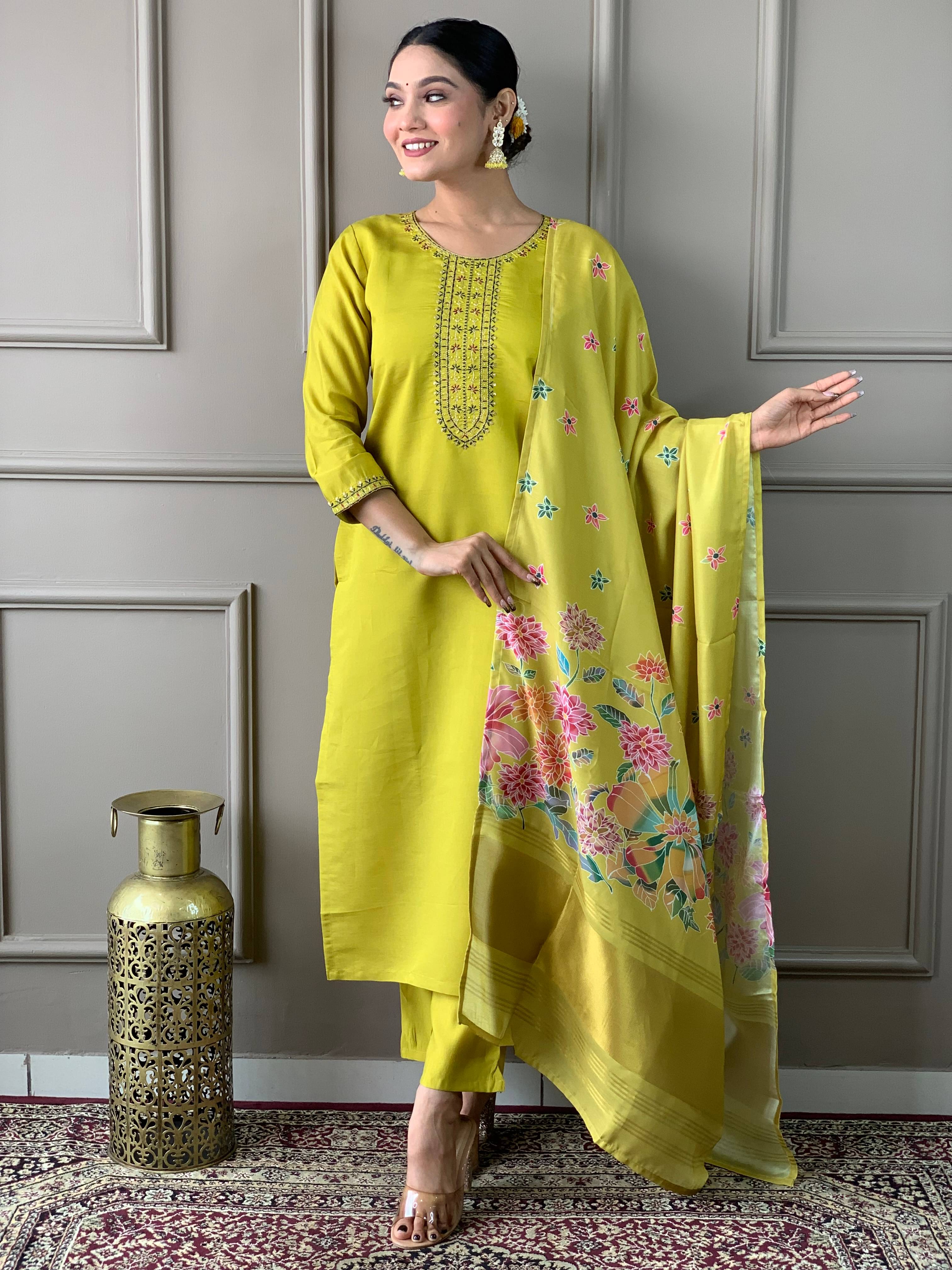    			THE52 Women Chanderi Cotton Embroidered Straight Kurti With Pants ( Mustard )