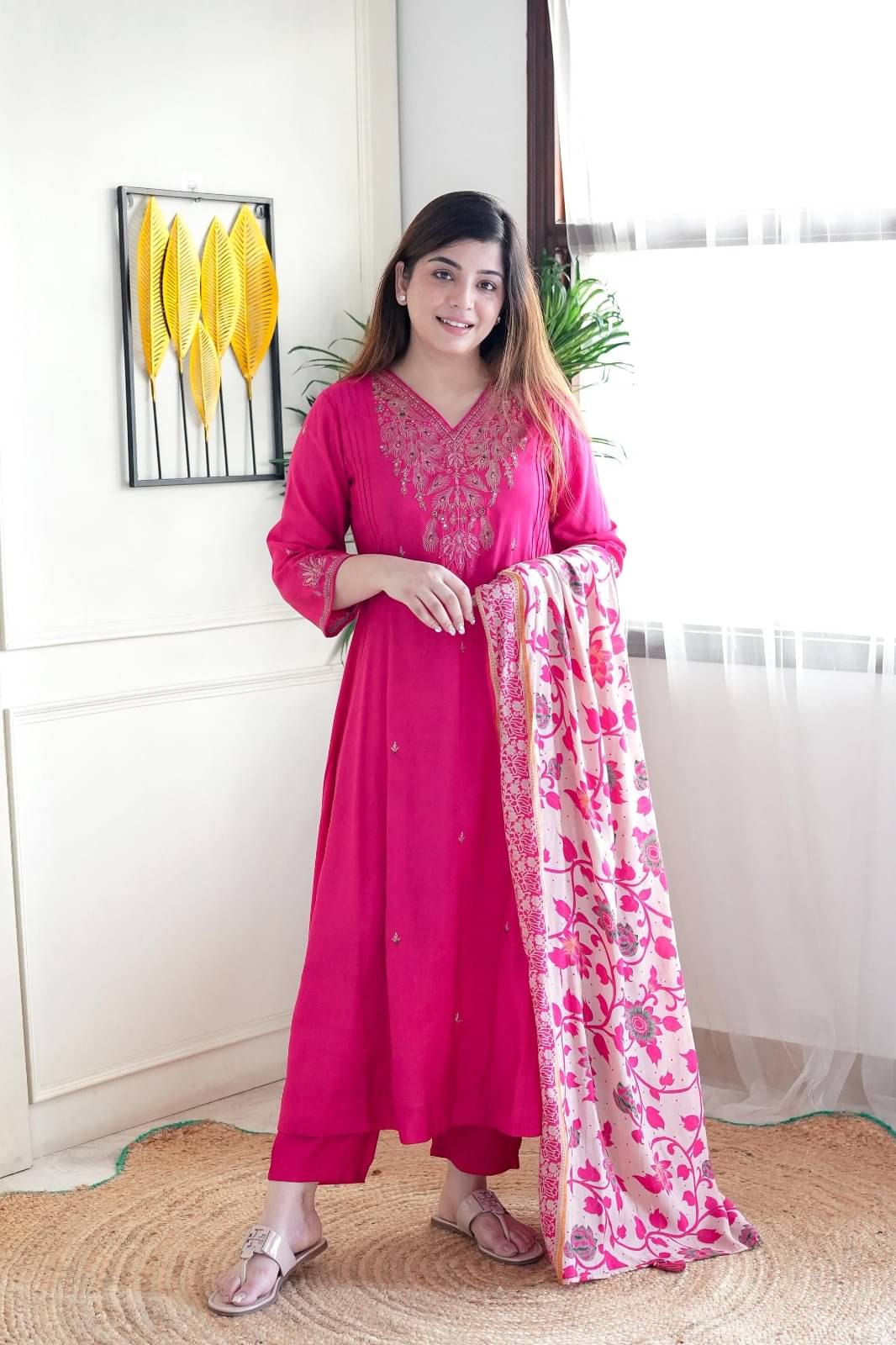     			THE52 Women Chanderi Embroidered Straight Kurti With Pants ( Pink )