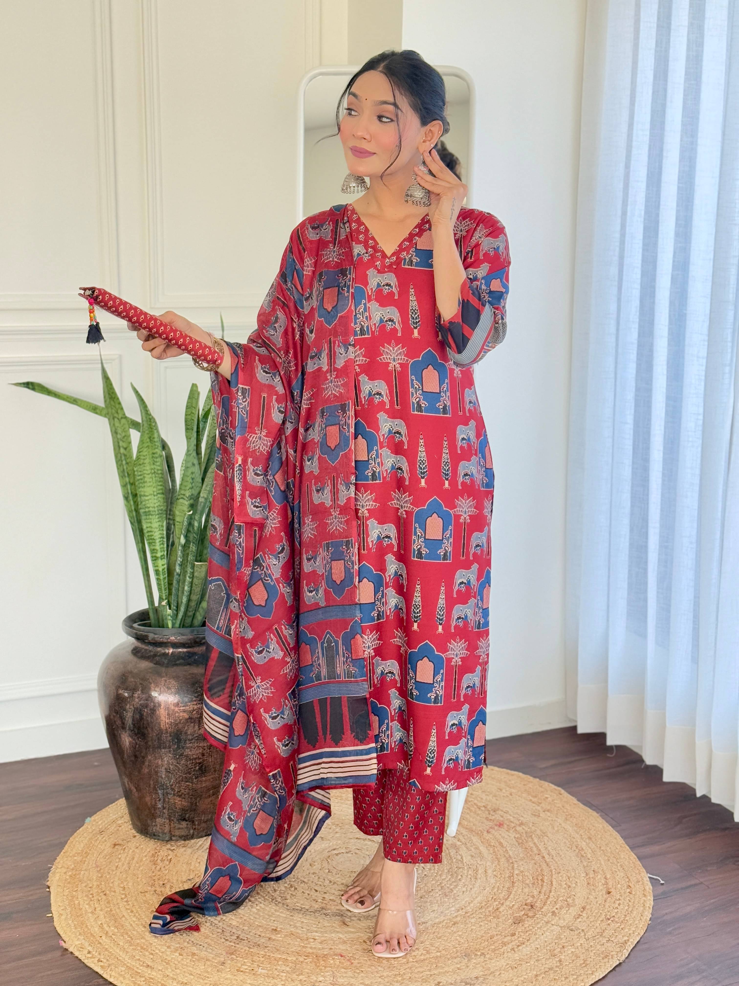     			THE52 Women Cotton Printed Straight Kurti With Pants ( Red )