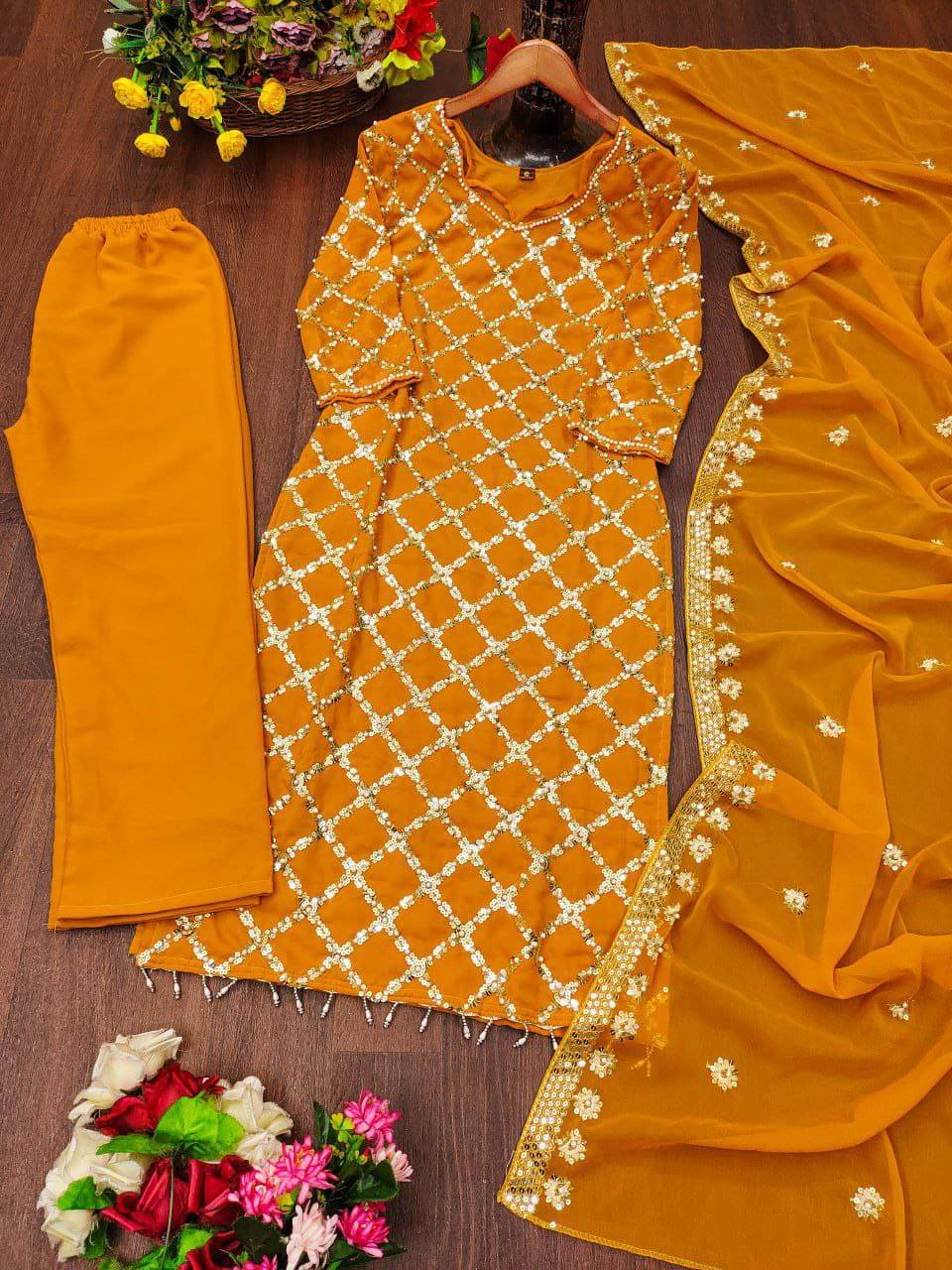 THE52 Women Georgette Embroidered Straight Kurti With Pants ( Yellow ) THE52 Women Georgette Embroidered Straight Kurti With Pants ( Yellow )