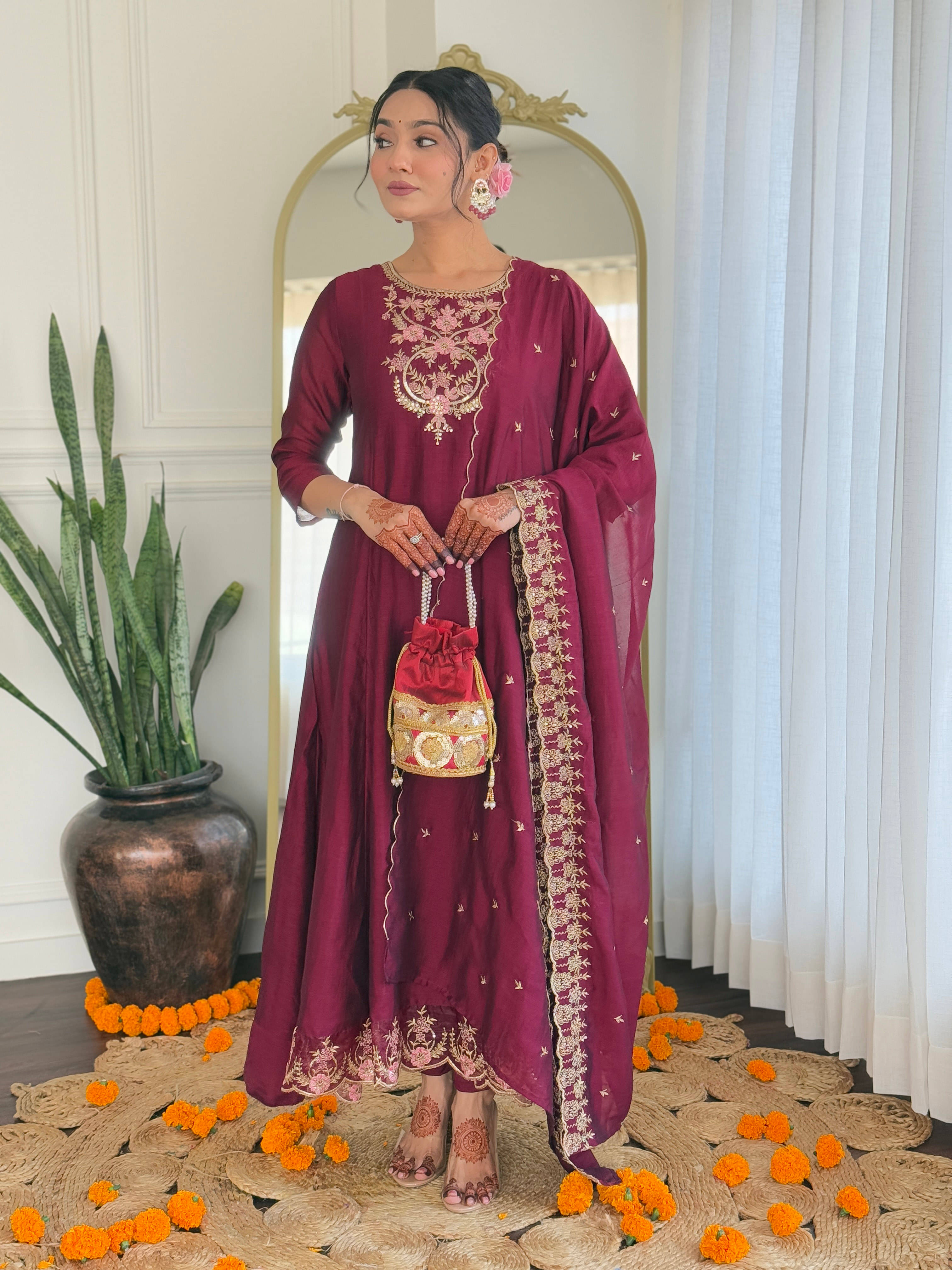     			THE52 Women Silk Blend Embroidered Straight Kurti With Pants ( Wine )