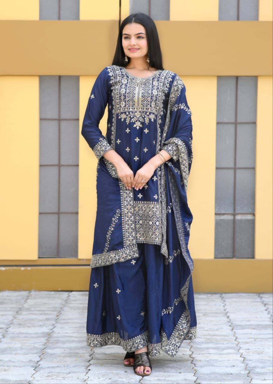 THE52 Women Silk Blend Embroidered Straight Kurti With Sharara And Gharara ( Blue ) THE52 Women Silk Blend Embroidered Straight Kurti With Sharara And Gharara ( Blue )