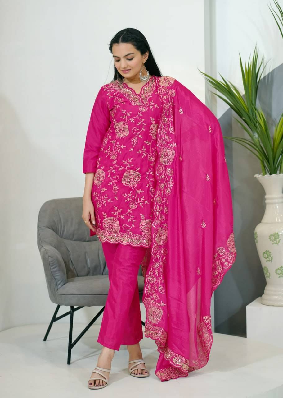     			THE52 Women Silk Blend Embroidered Straight Kurti With Pants ( Pink )