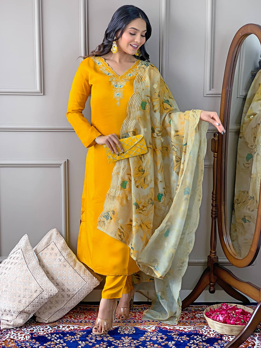     			THE52 Women Viscose Embroidered Straight Kurti With Pants ( Yellow )