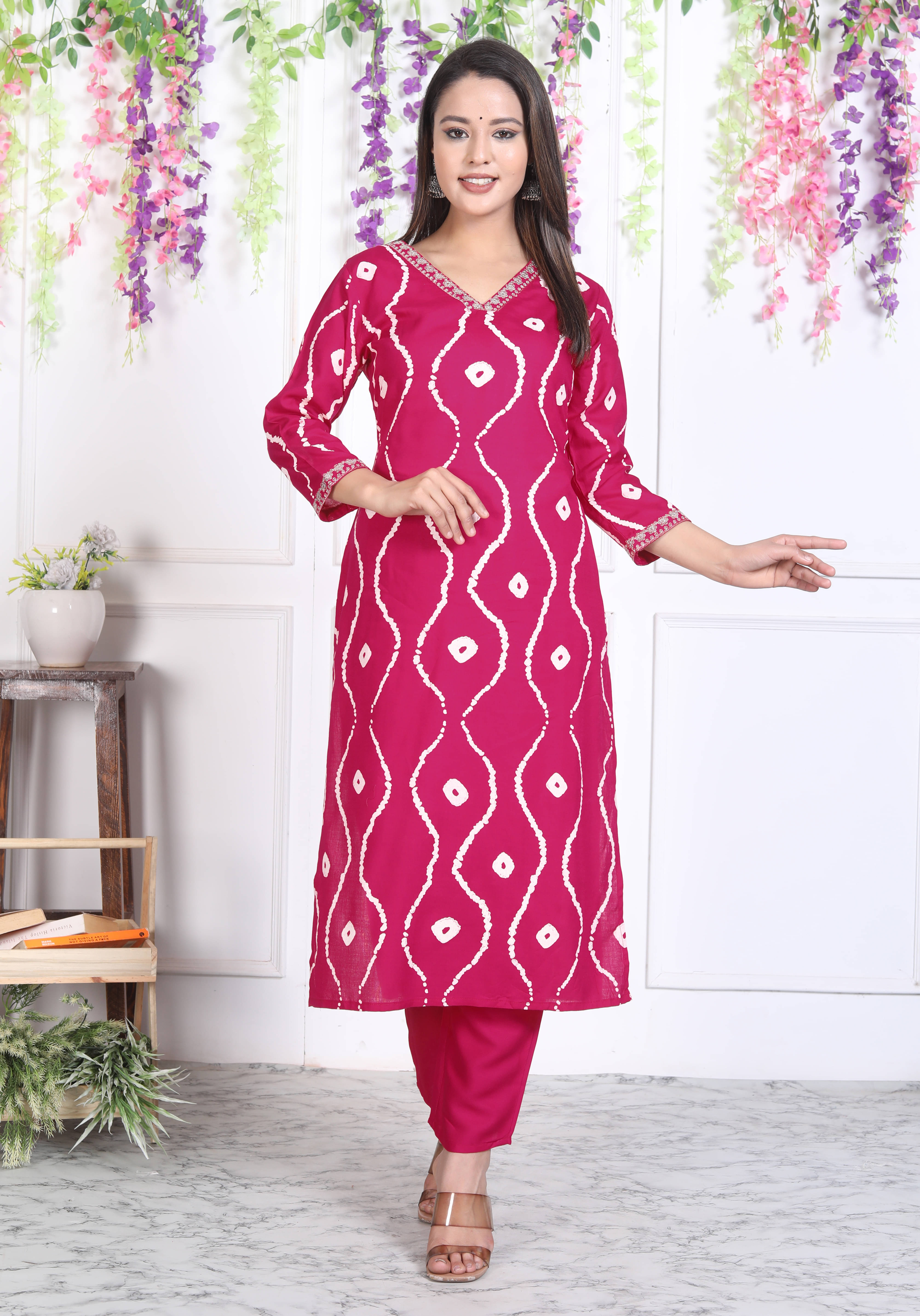     			VESHVITI Women Rayon Embroidered A-line Kurti With Pants ( Pink )